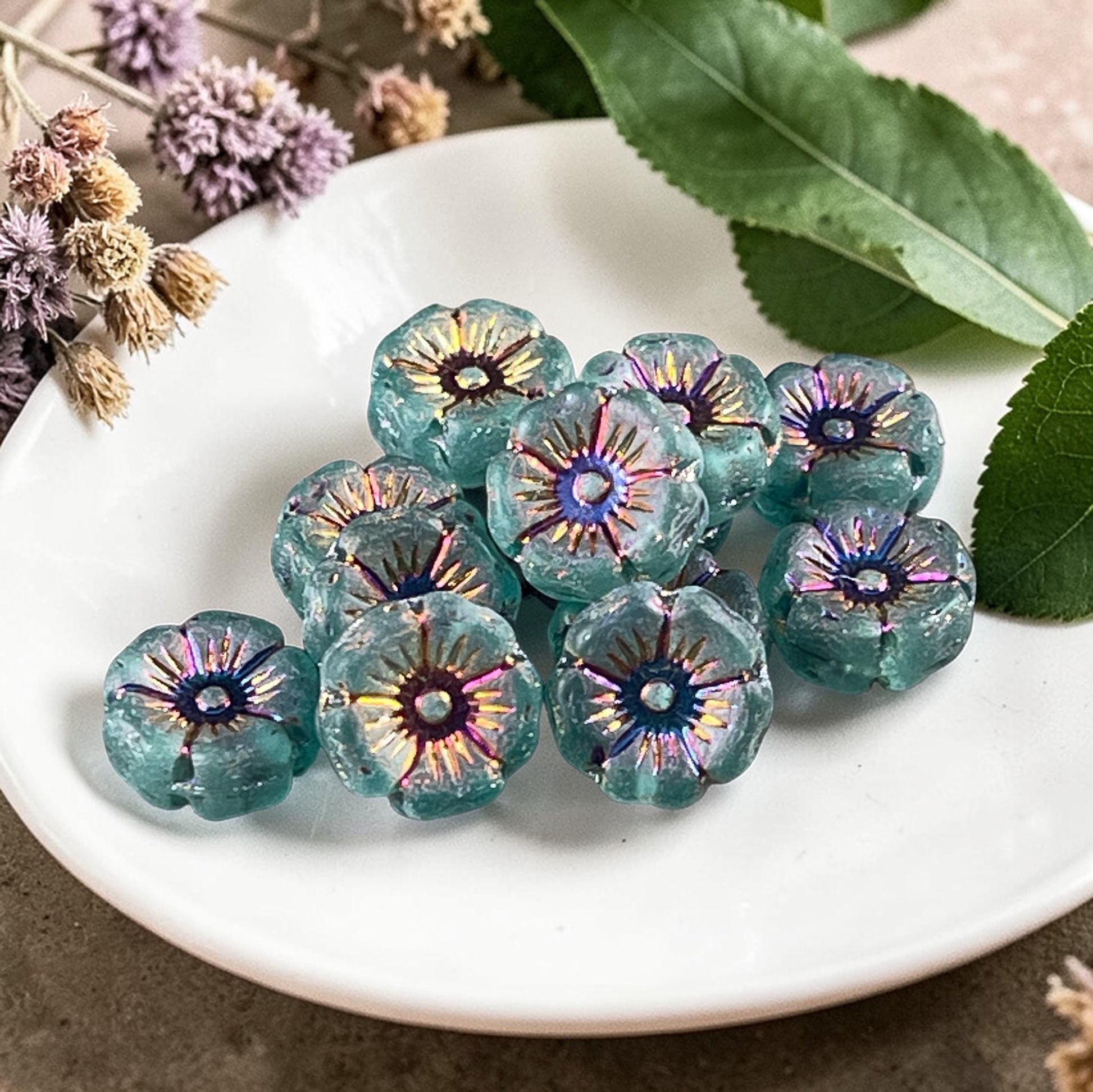 Czech Glass - 12mm Hibiscus Flower, Matte Teal with Rainbow AB Finish (FL12/N-2048) * Qty. 6