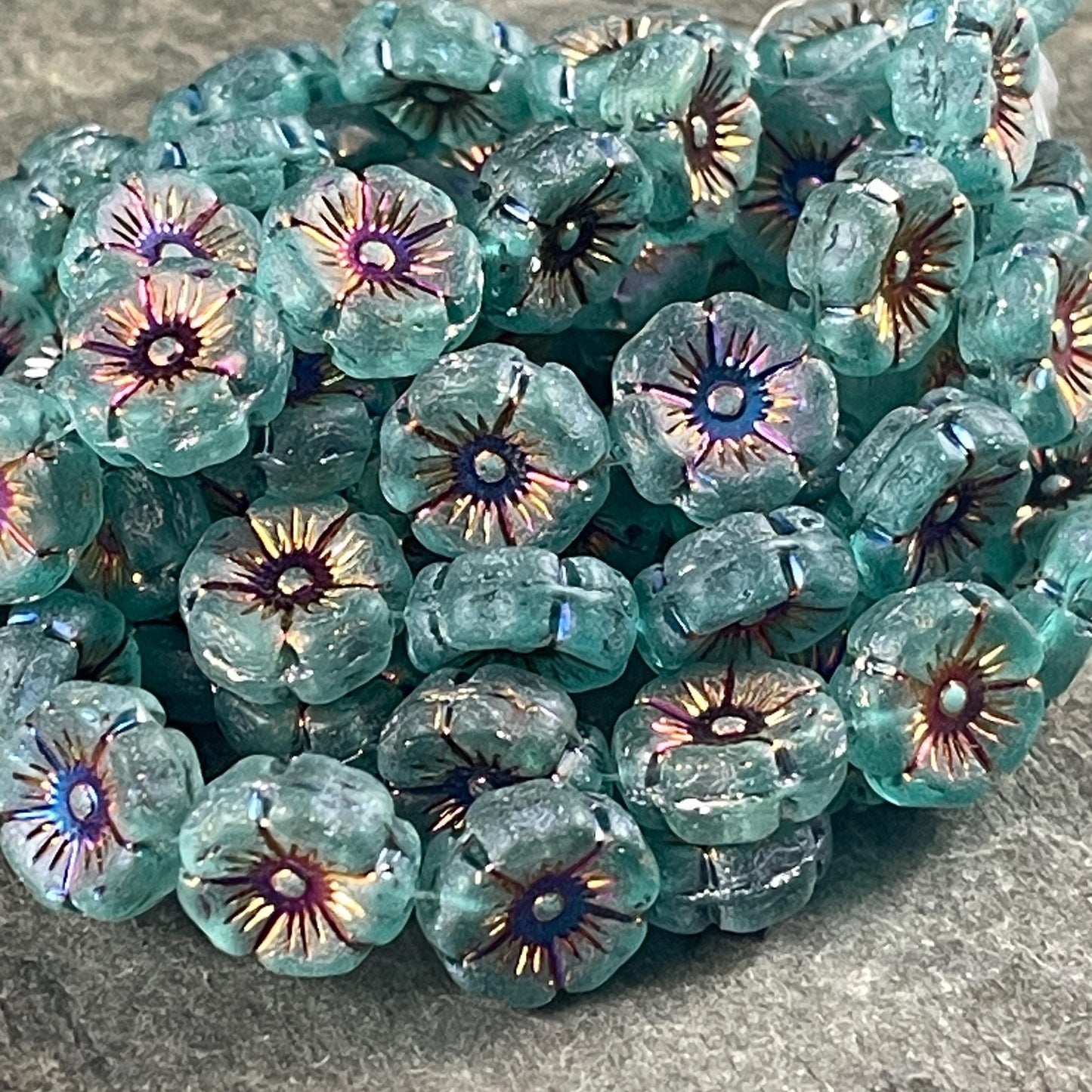 Czech Glass - 12mm Hibiscus Flower, Matte Teal with Rainbow AB Finish (FL12/N-2048) * Qty. 6
