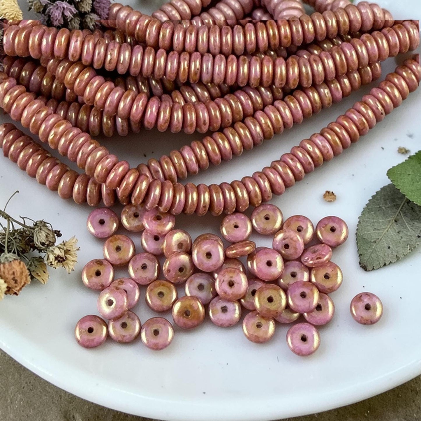 Czech Glass Beads - 6x2mm Heishi Rondelle, Pink and Rose Gold Luster (RD6/SM-P65491) * Qty. 50