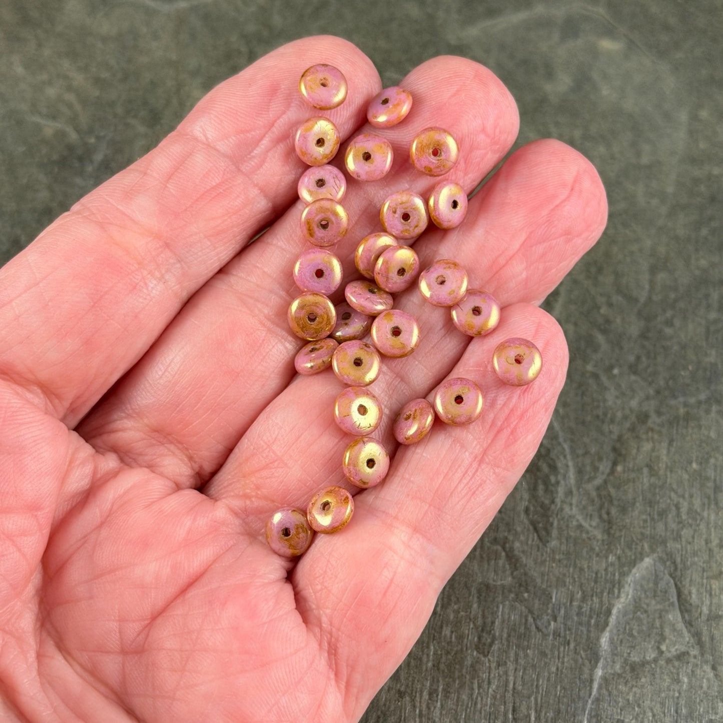 Czech Glass Beads - 6x2mm Heishi Rondelle, Pink and Rose Gold Luster (RD6/SM-P65491) * Qty. 50