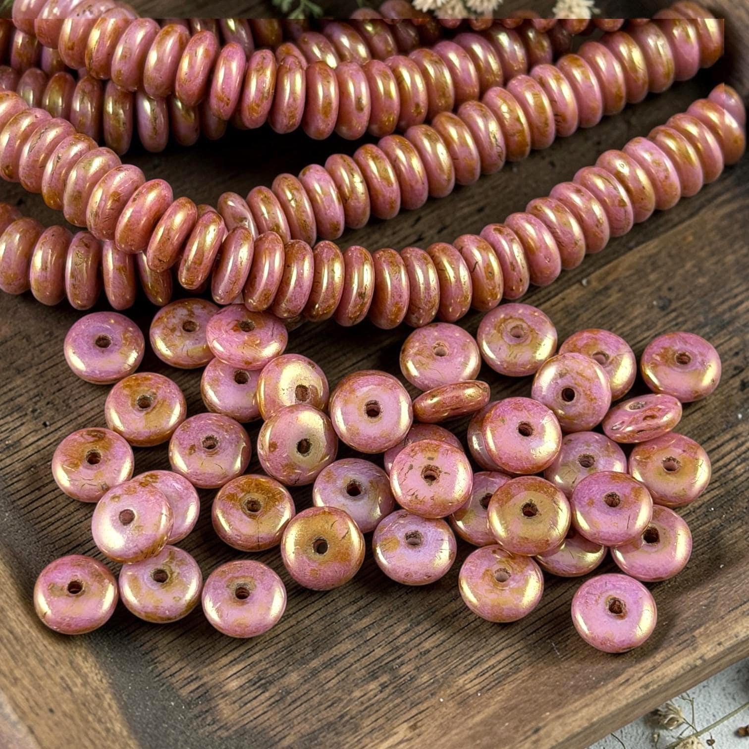 Czech Glass Beads - 6x2mm Heishi Rondelle, Pink and Rose Gold Luster (RD6/SM-P65491) * Qty. 50