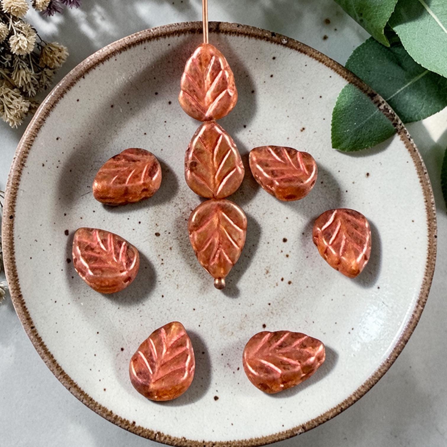 Czech Glass Beads - 10x8mm Mint Leaf, Topaz Picasso Leaf with Copper Wash (Mint29) * Qty. 16