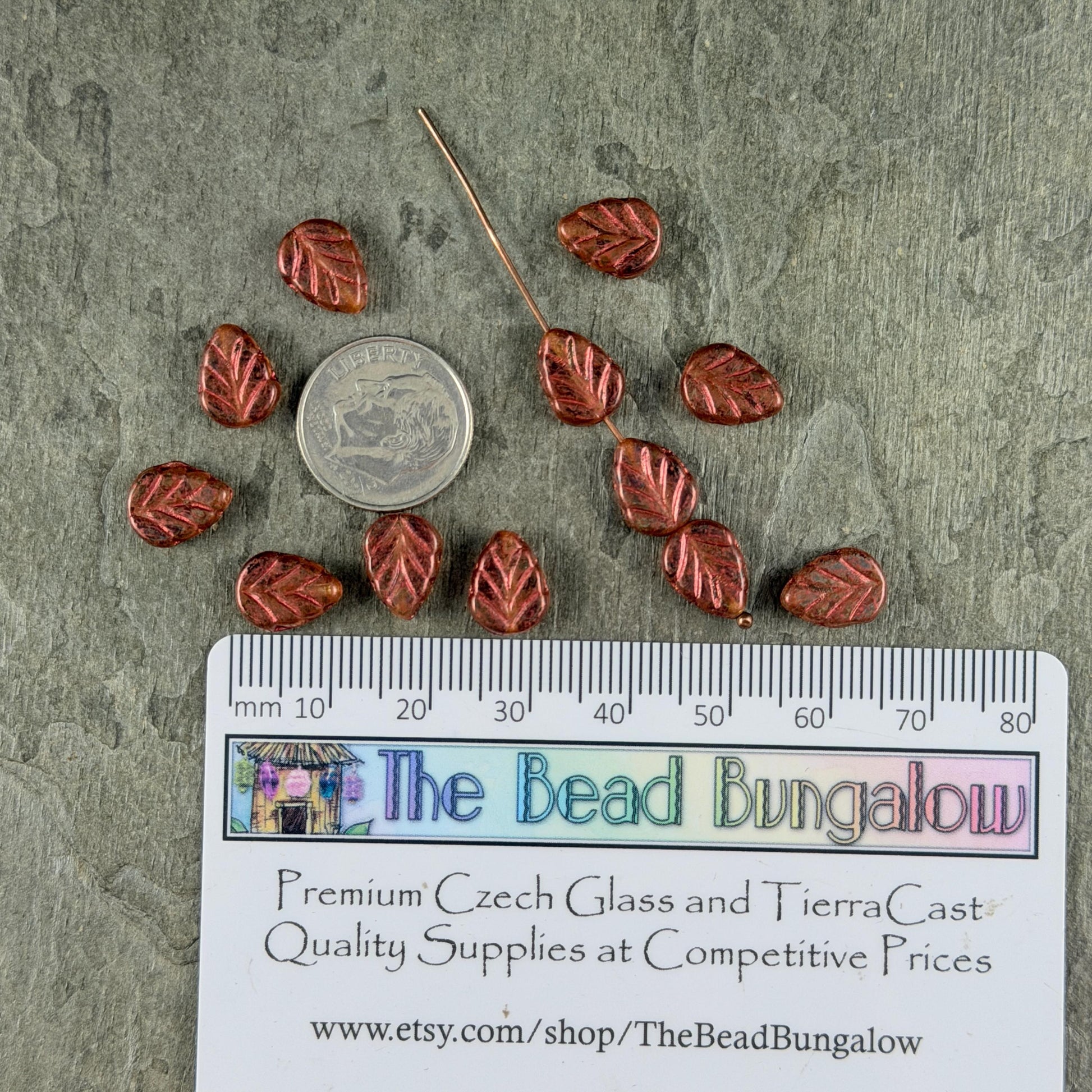Czech Glass Beads - 10x8mm Mint Leaf, Topaz Picasso Leaf with Copper Wash (Mint29) * Qty. 16