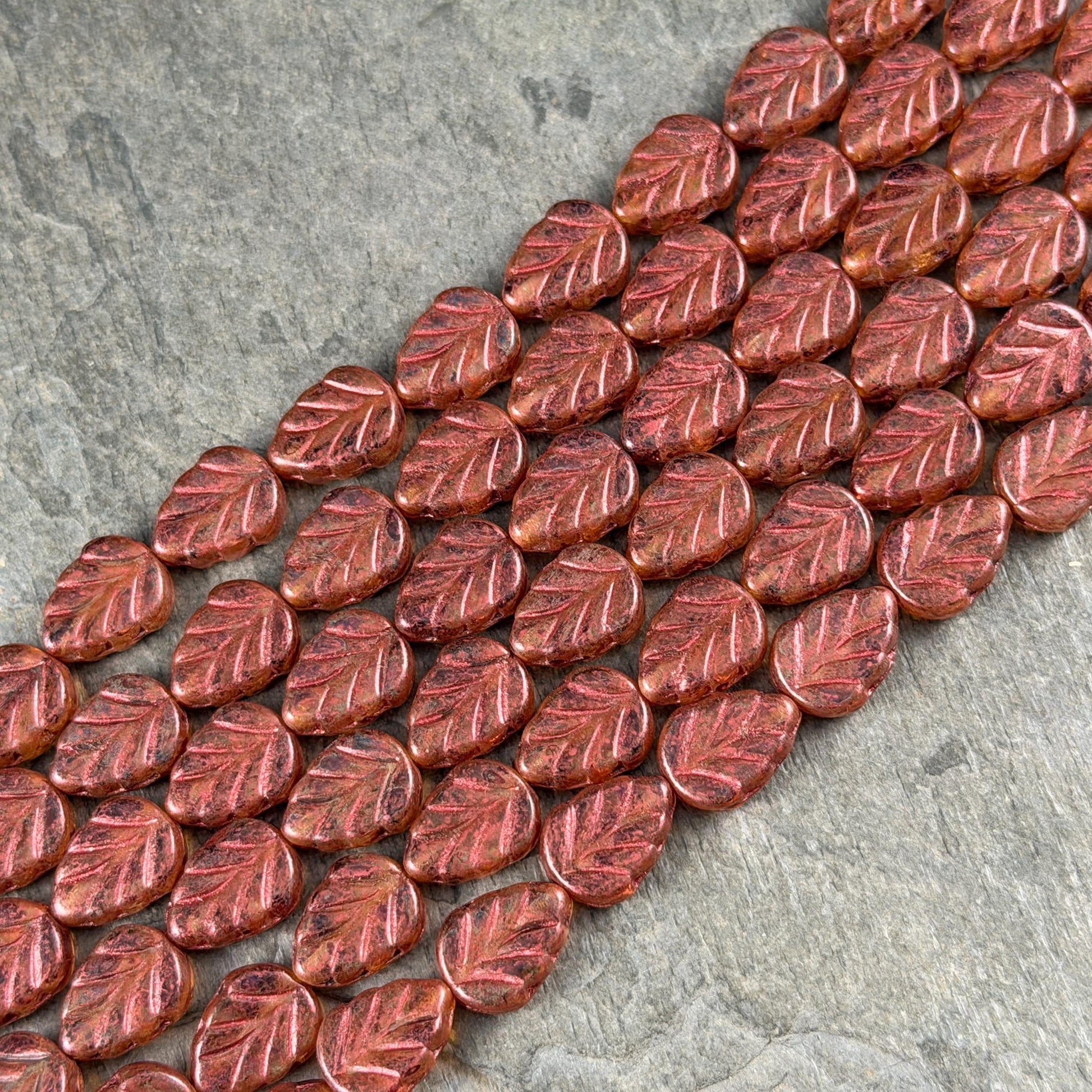 Czech Glass Beads - 10x8mm Mint Leaf, Topaz Picasso Leaf with Copper Wash (Mint29) * Qty. 16