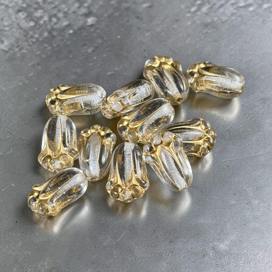 Czech Glass Flower Beads - 12x8mm Lily Bud, Clear Glass with Gold Wash (LBud32) * Qty. 12