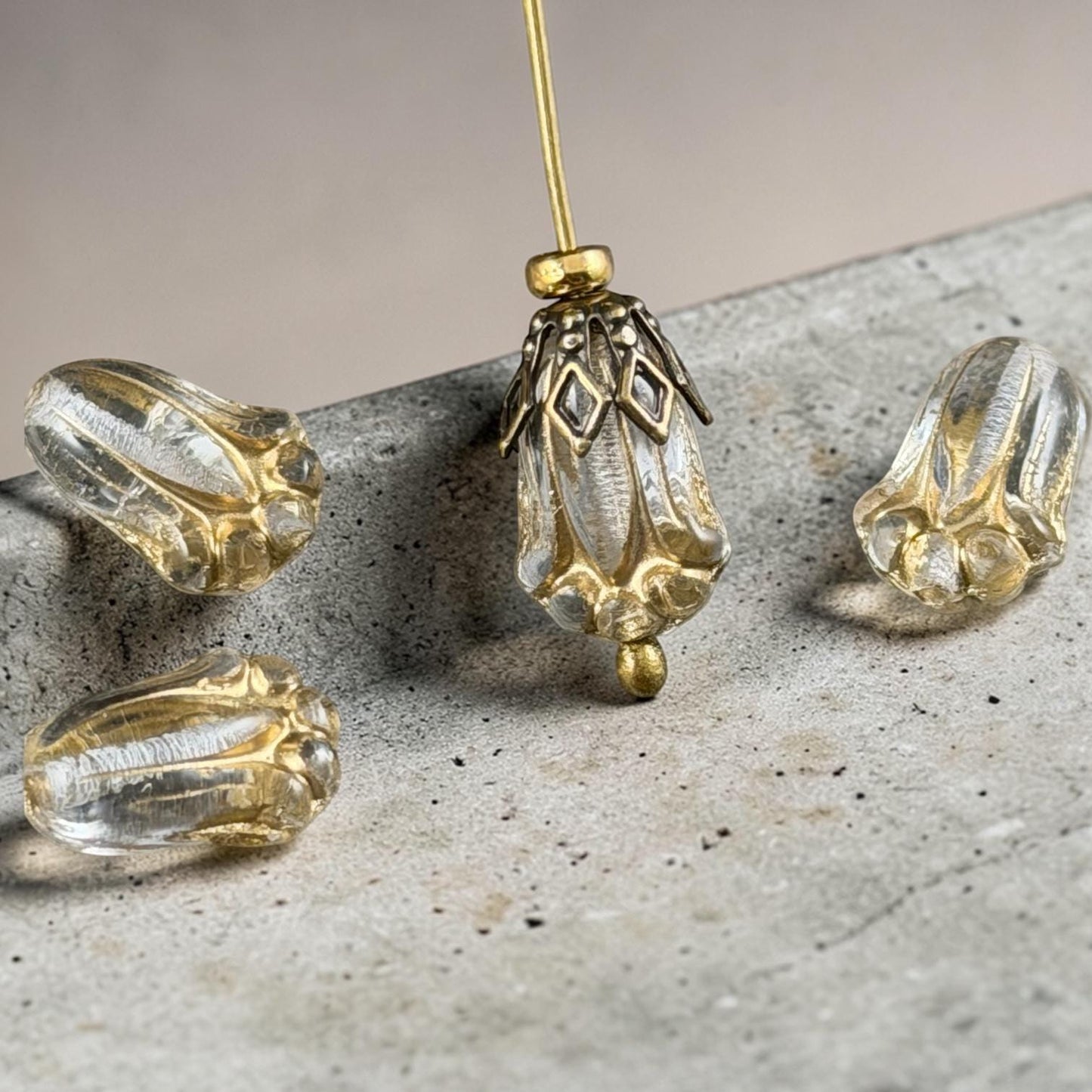 Czech Glass Flower Beads - 12x8mm Lily Bud, Clear Glass with Gold Wash (LBud32) * Qty. 12