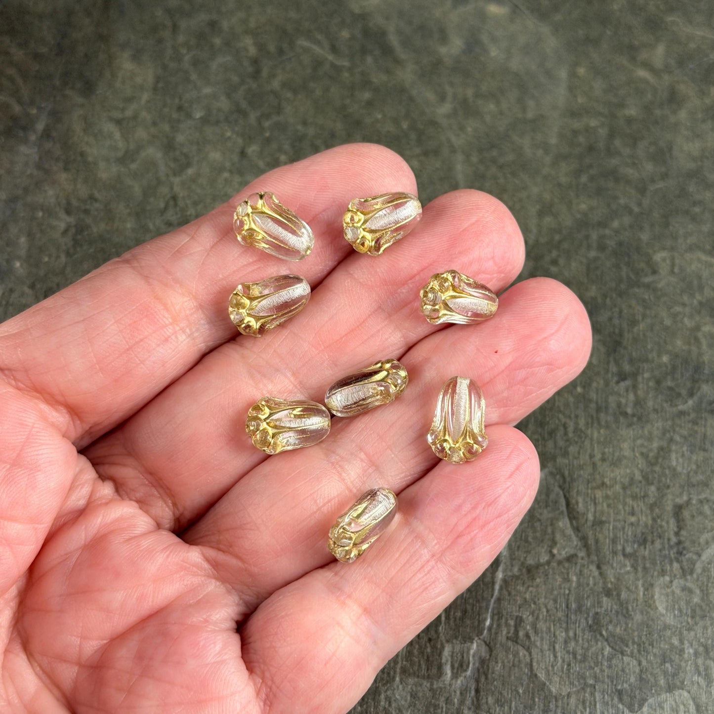 Czech Glass Flower Beads - 12x8mm Lily Bud, Clear Glass with Gold Wash (LBud32) * Qty. 12