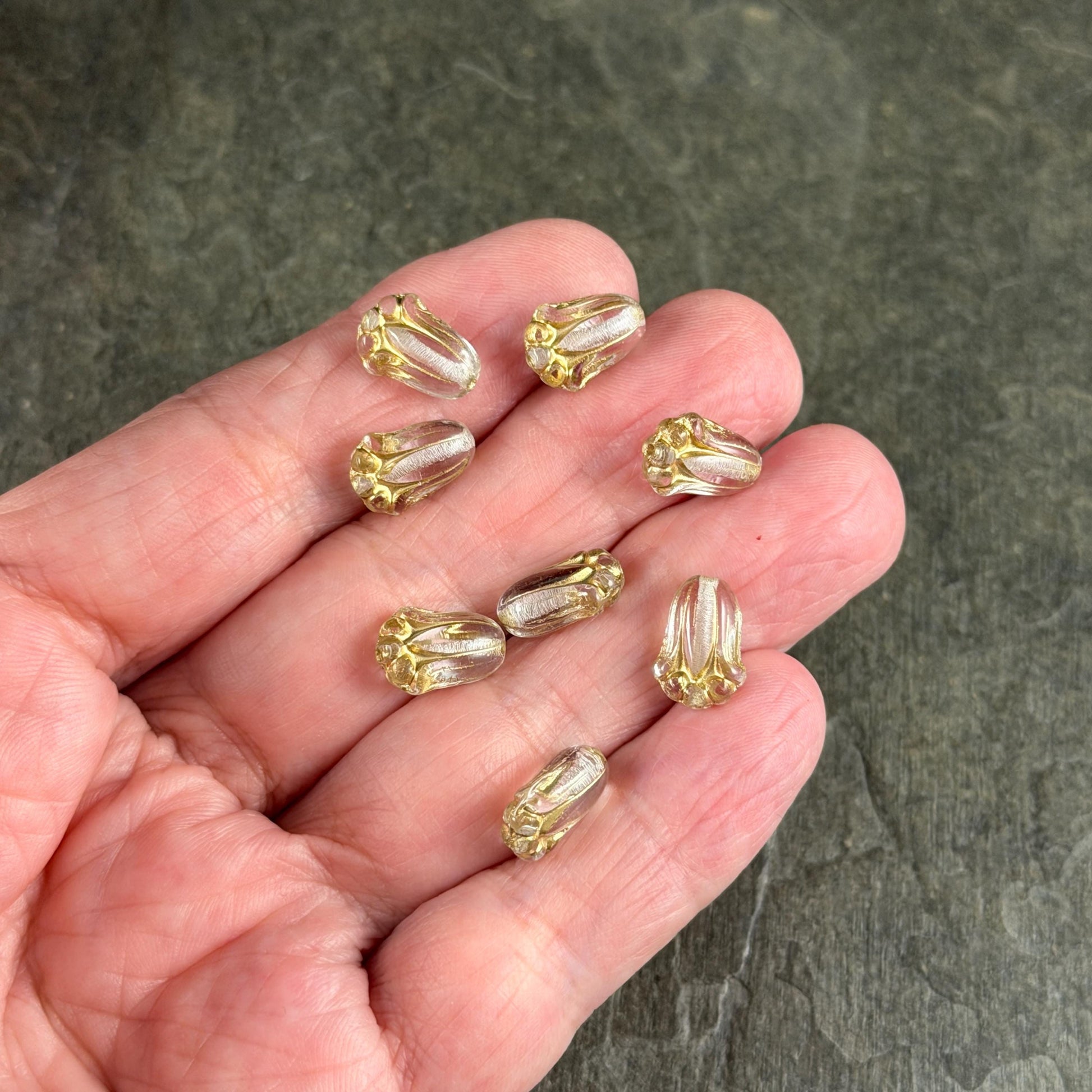 Czech Glass Flower Beads - 12x8mm Lily Bud, Clear Glass with Gold Wash (LBud32) * Qty. 12