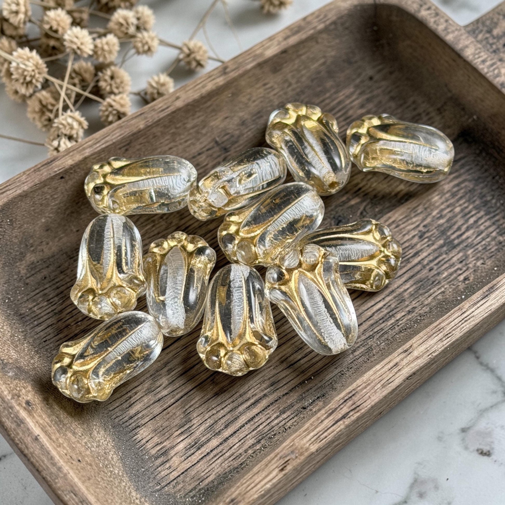Czech Glass Flower Beads - 12x8mm Lily Bud, Clear Glass with Gold Wash (LBud32) * Qty. 12
