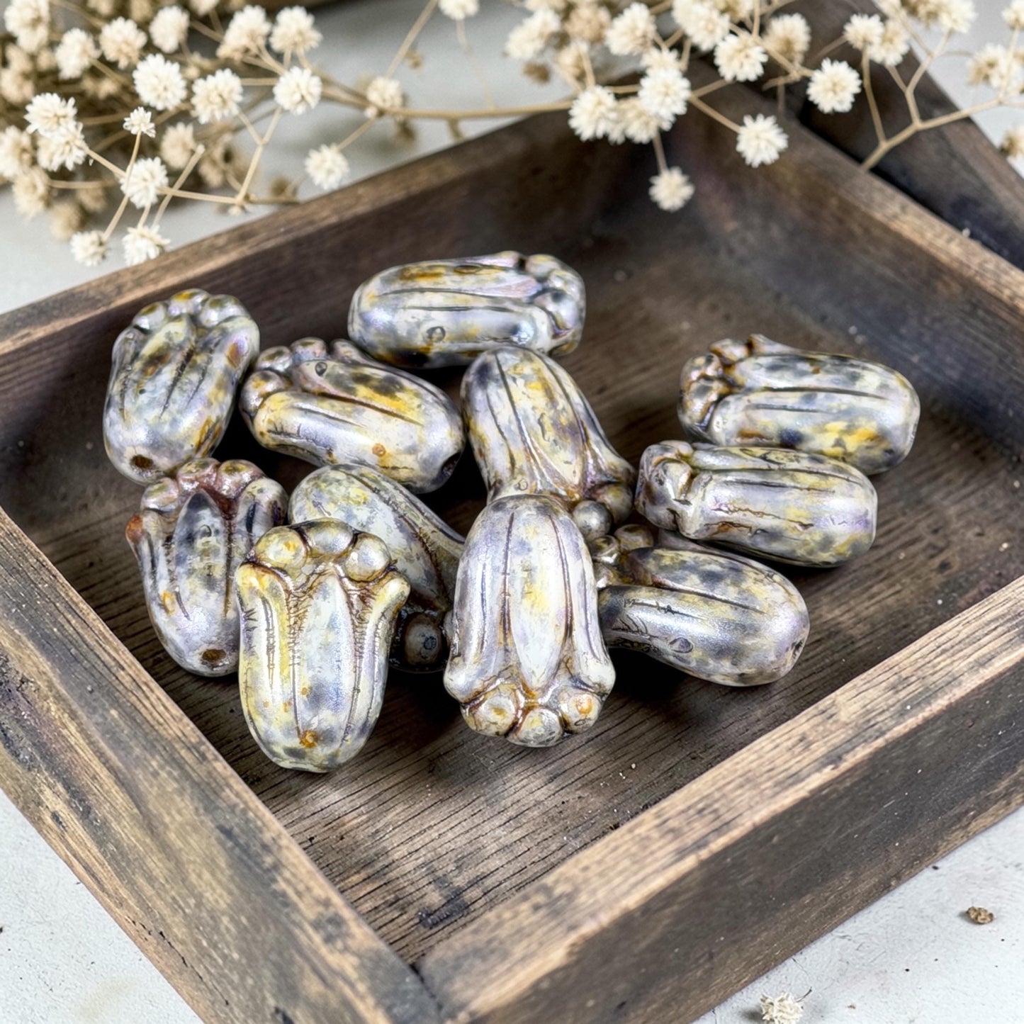 Czech Glass Flower Beads - 12x8mm Lily Bud, Alabaster with Indigo Picasso (LBud36) * Qty. 12