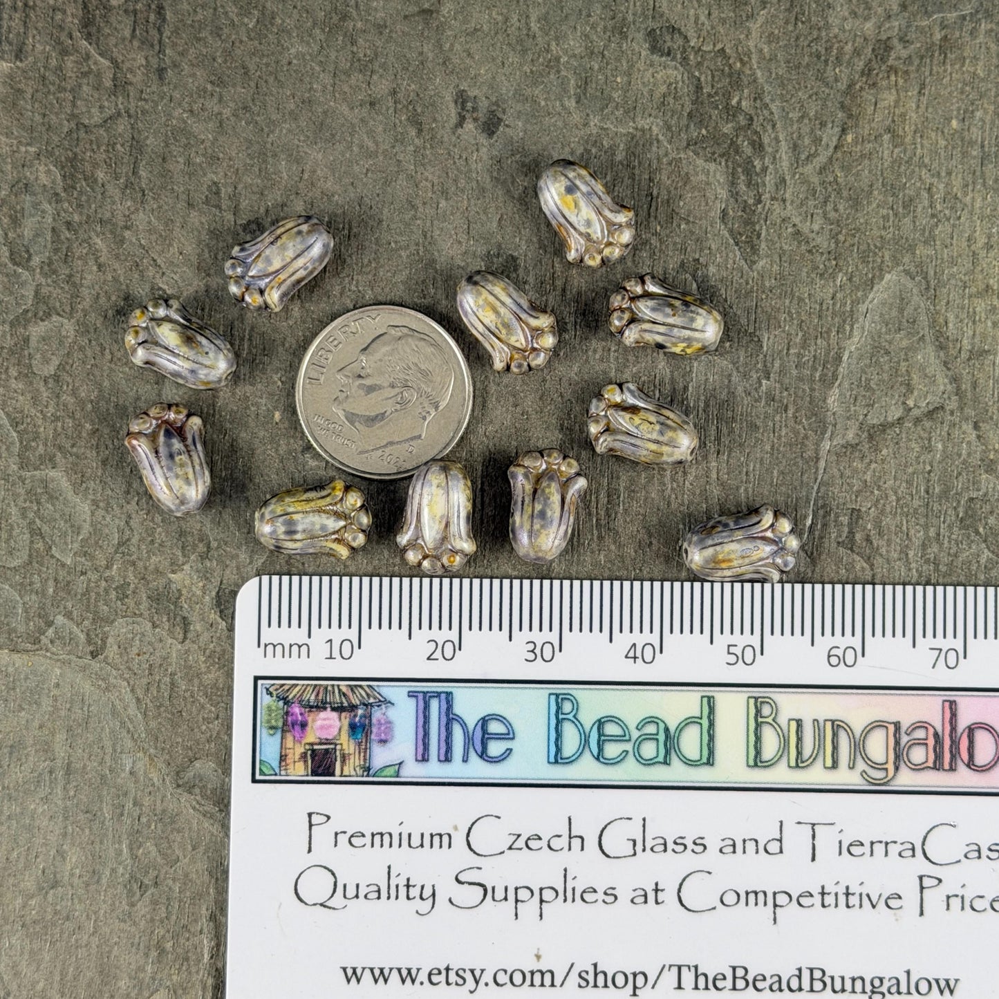 Czech Glass Flower Beads - 12x8mm Lily Bud, Alabaster with Indigo Picasso (LBud36) * Qty. 12