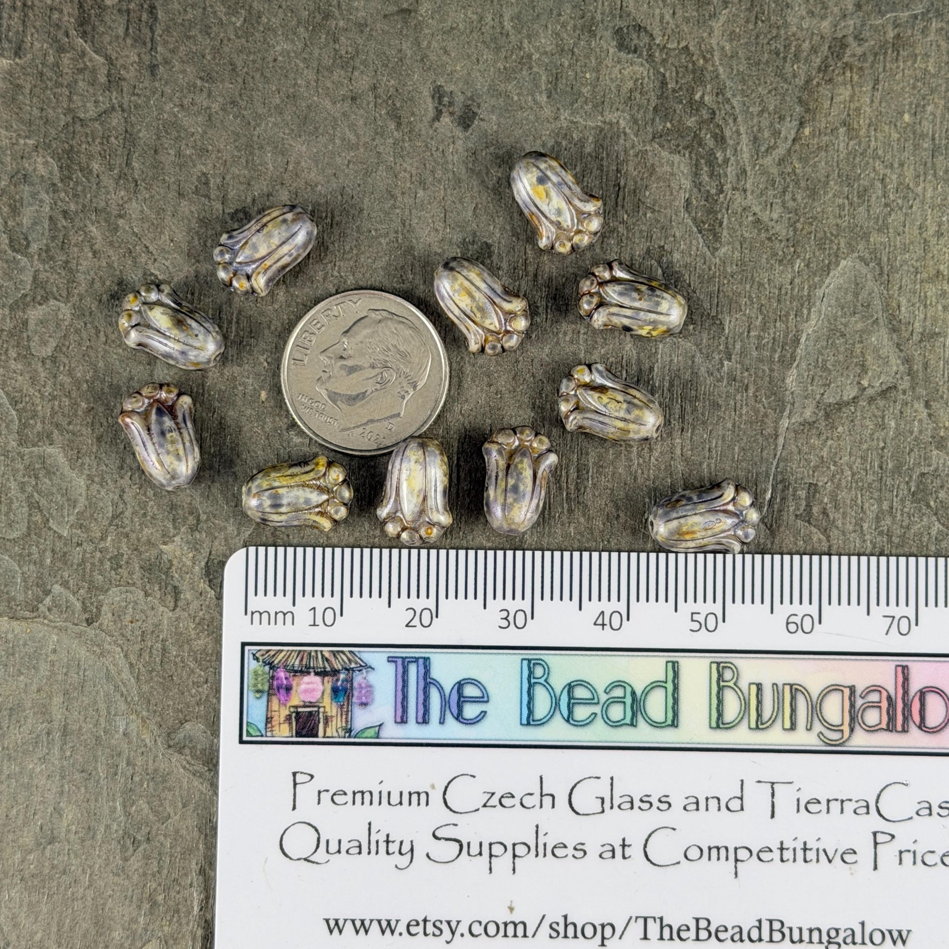 Czech Glass Flower Beads - 12x8mm Lily Bud, Alabaster with Indigo Picasso (LBud36) * Qty. 12