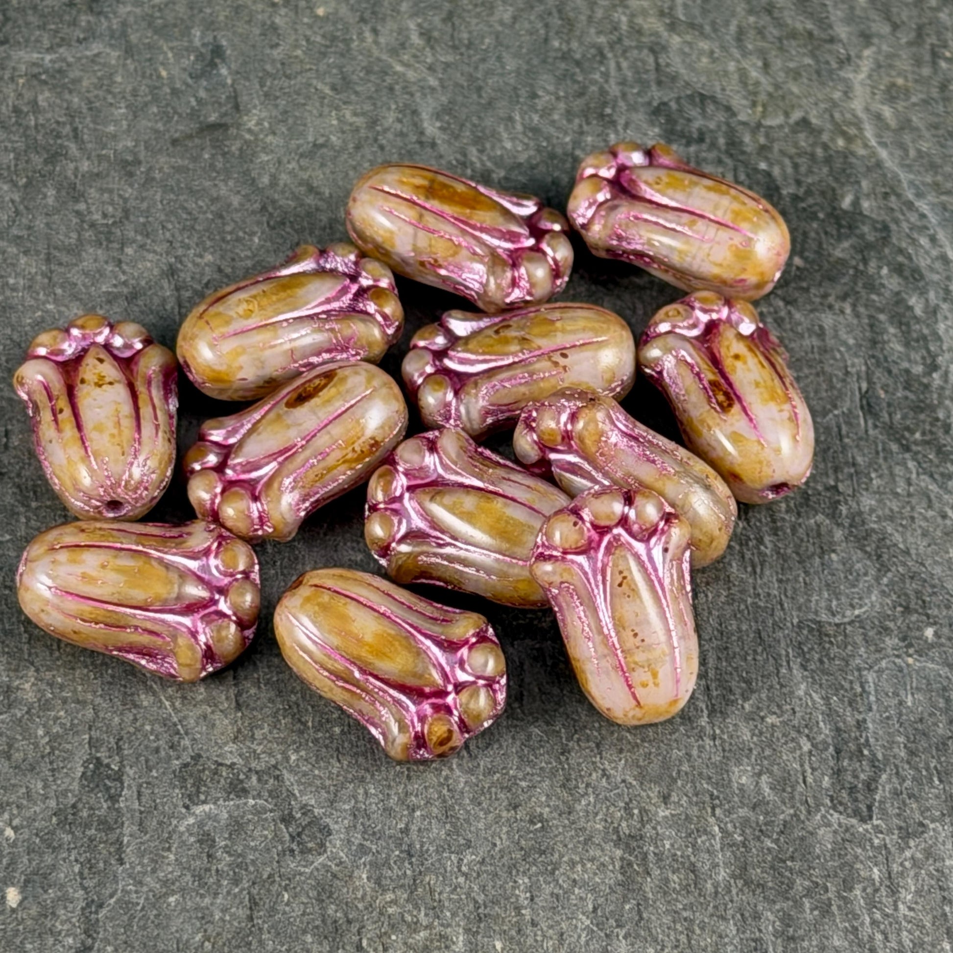 Czech Glass Flower Beads - 12x8mm Lily Bud, Toffee Picasso with Pink Wash (LBud27) * Qty. 12