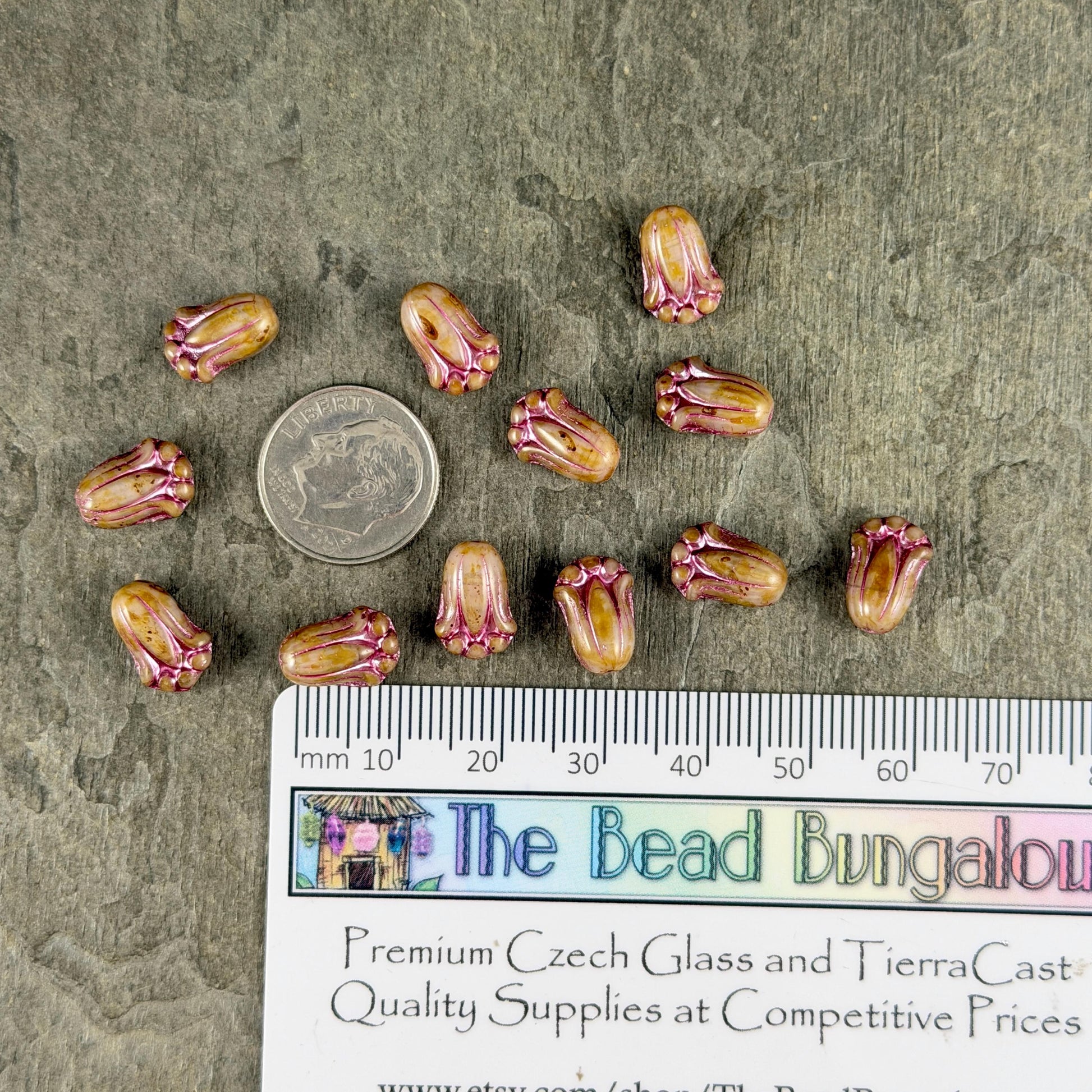 Czech Glass Flower Beads - 12x8mm Lily Bud, Toffee Picasso with Pink Wash (LBud27) * Qty. 12
