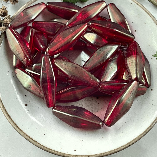 Czech Glass Beads - 20x8mm Rhombus, Ruby Red with Gold Luster (RHO/N-1098) * Qty. 6 Beads