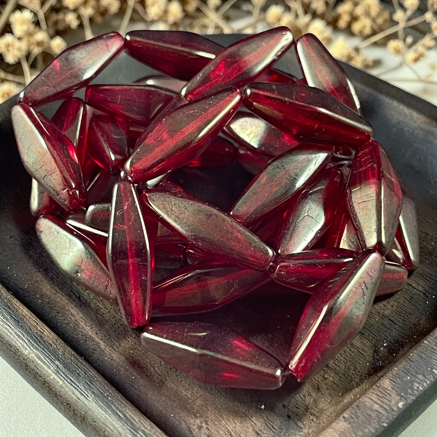 Czech Glass Beads - 20x8mm Rhombus, Ruby Red with Gold Luster (RHO/N-1098) * Qty. 6 Beads
