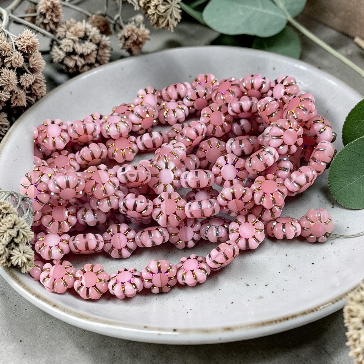 Czech Glass Beads - 9mm Cactus Flower, Mauve and Rose Pink with Sliperit Finish (N-0617) * 20 Beads