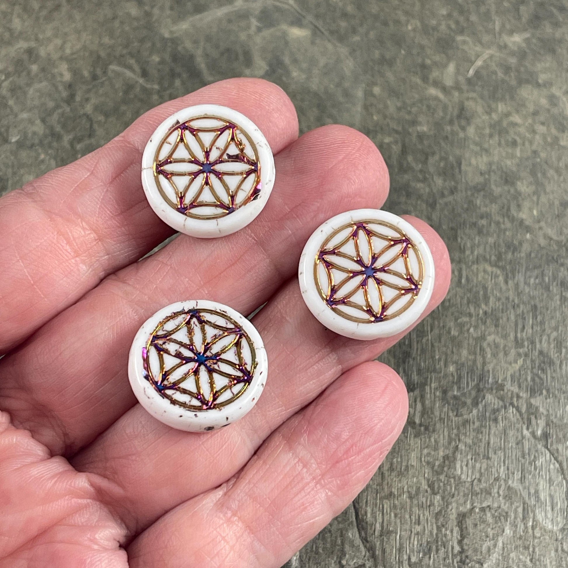 Czech Glass - Flower of Life 19mm Coin Bead, White with Sliperit Finish (N-2081) * Qty. 6