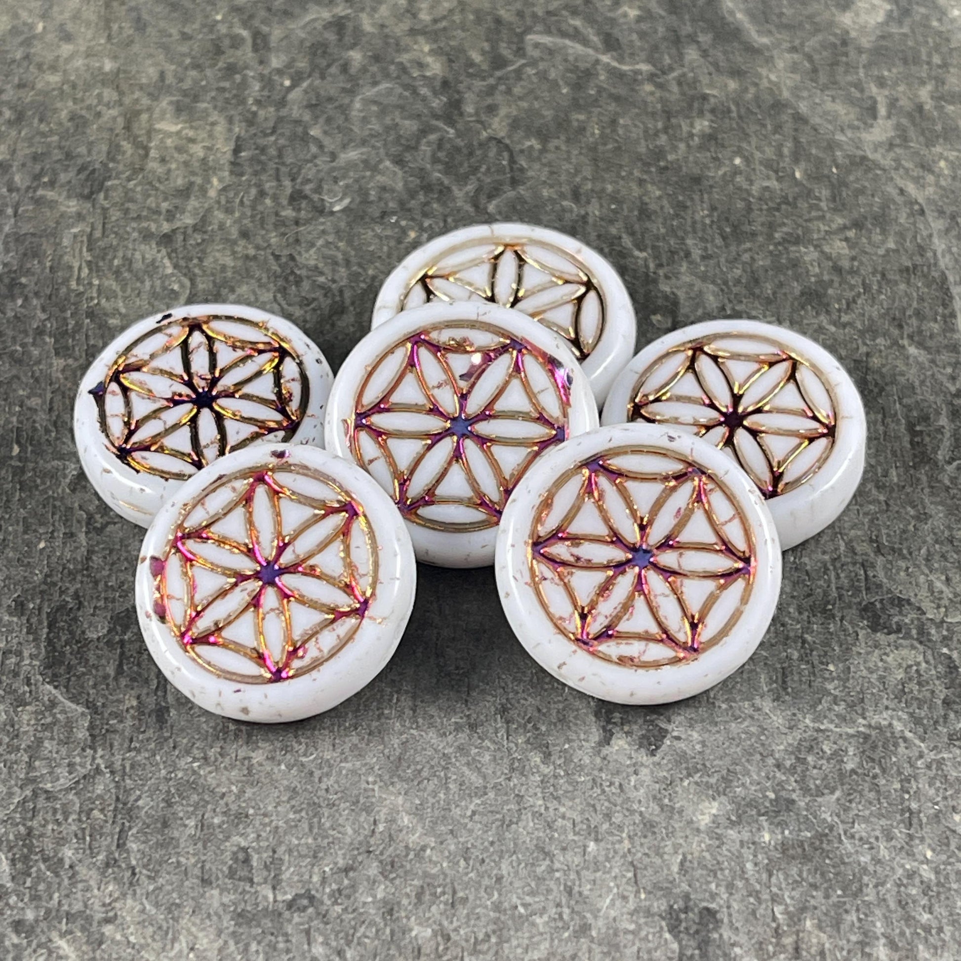Czech Glass - Flower of Life 19mm Coin Bead, White with Sliperit Finish (N-2081) * Qty. 6