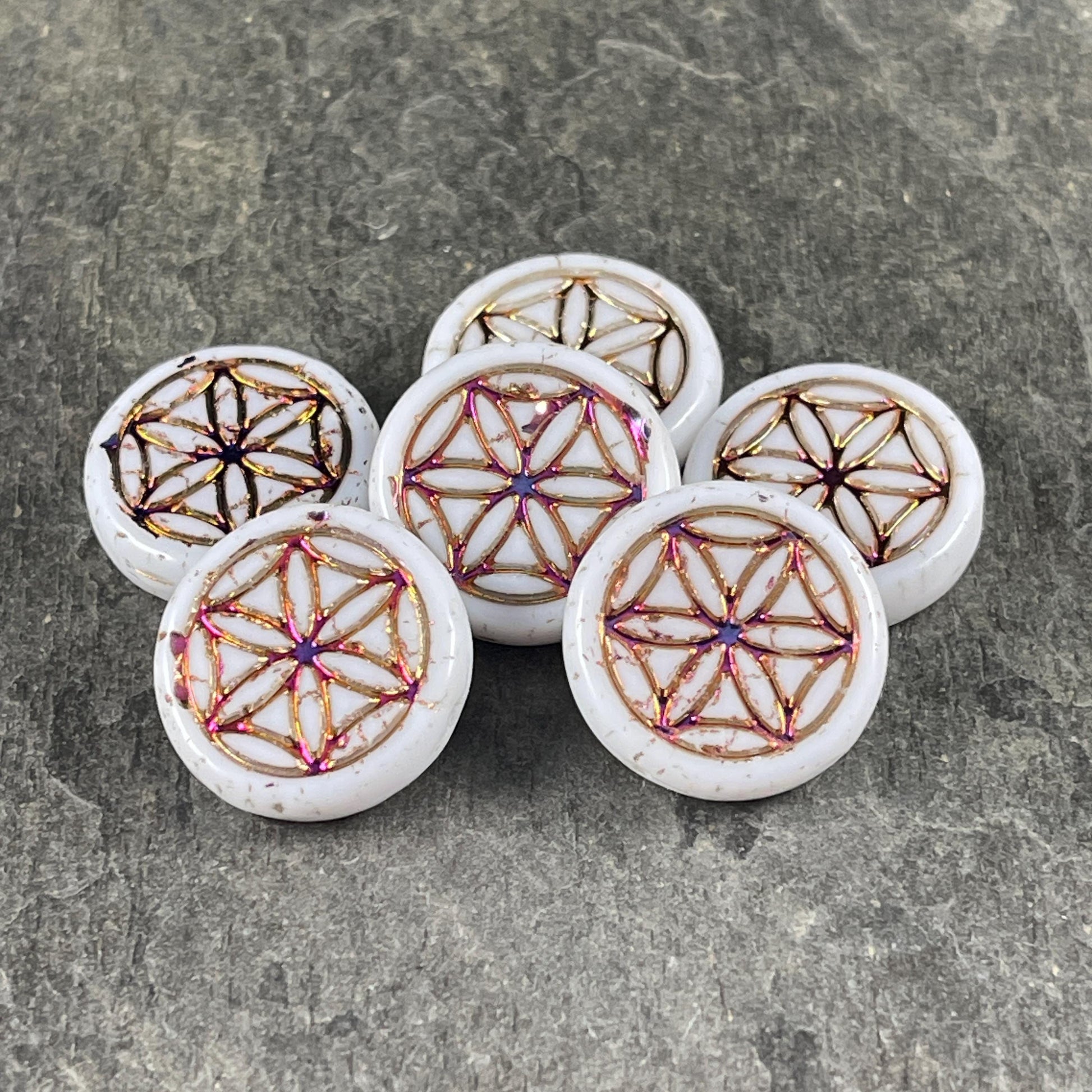Czech Glass - Flower of Life 19mm Coin Bead, White with Sliperit Finish (N-2081) * Qty. 6