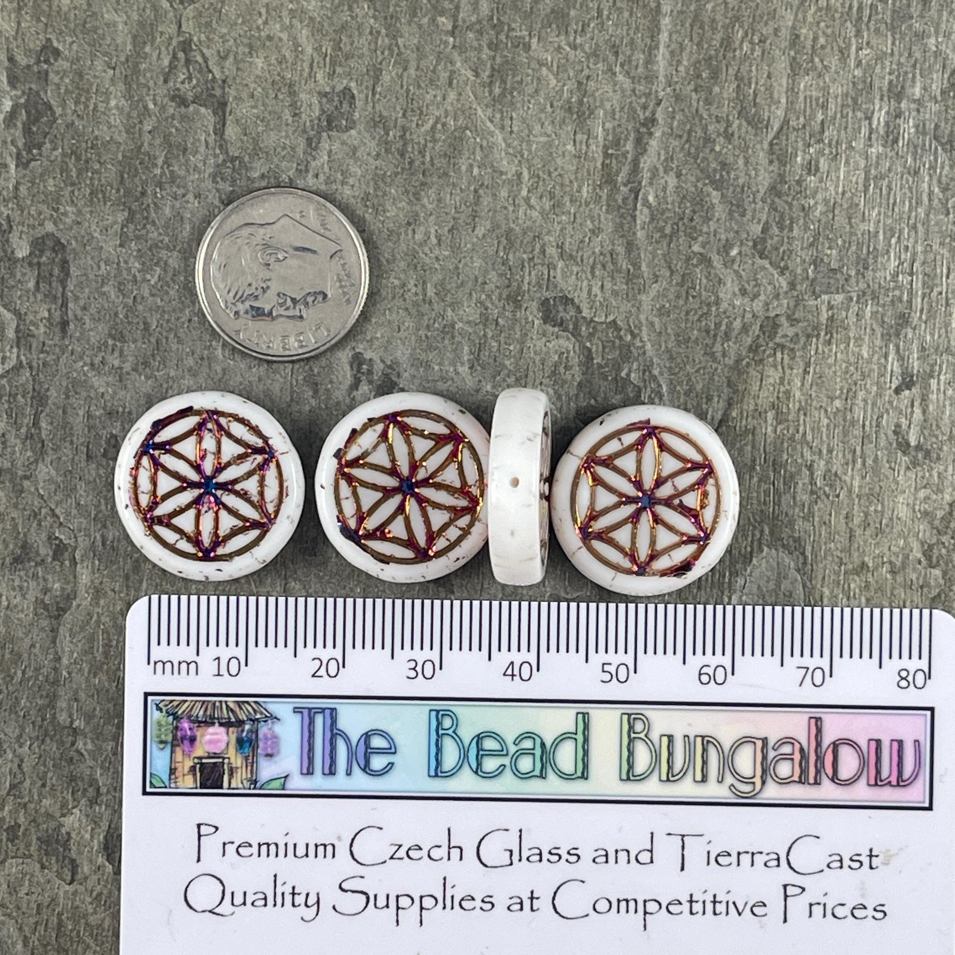 Czech Glass - Flower of Life 19mm Coin Bead, White with Sliperit Finish (N-2081) * Qty. 6