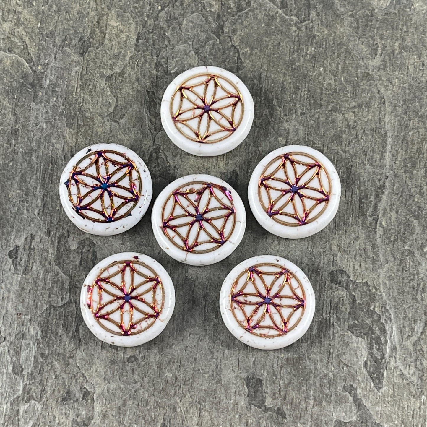 Czech Glass - Flower of Life 19mm Coin Bead, White with Sliperit Finish (N-2081) * Qty. 6