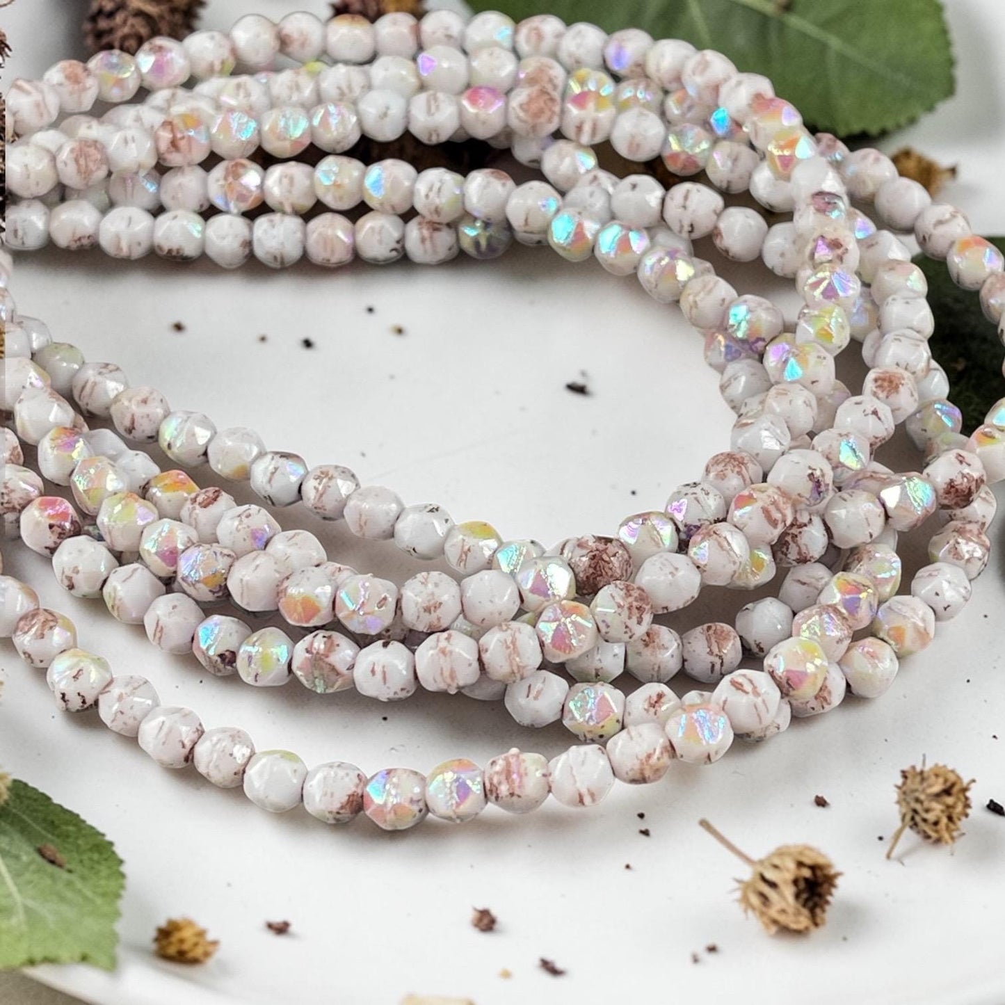 Czech Glass Beads - 4mm English Cut, White with Rainbow AB and Brown Wash (EC/N-0129) * Qty. 50