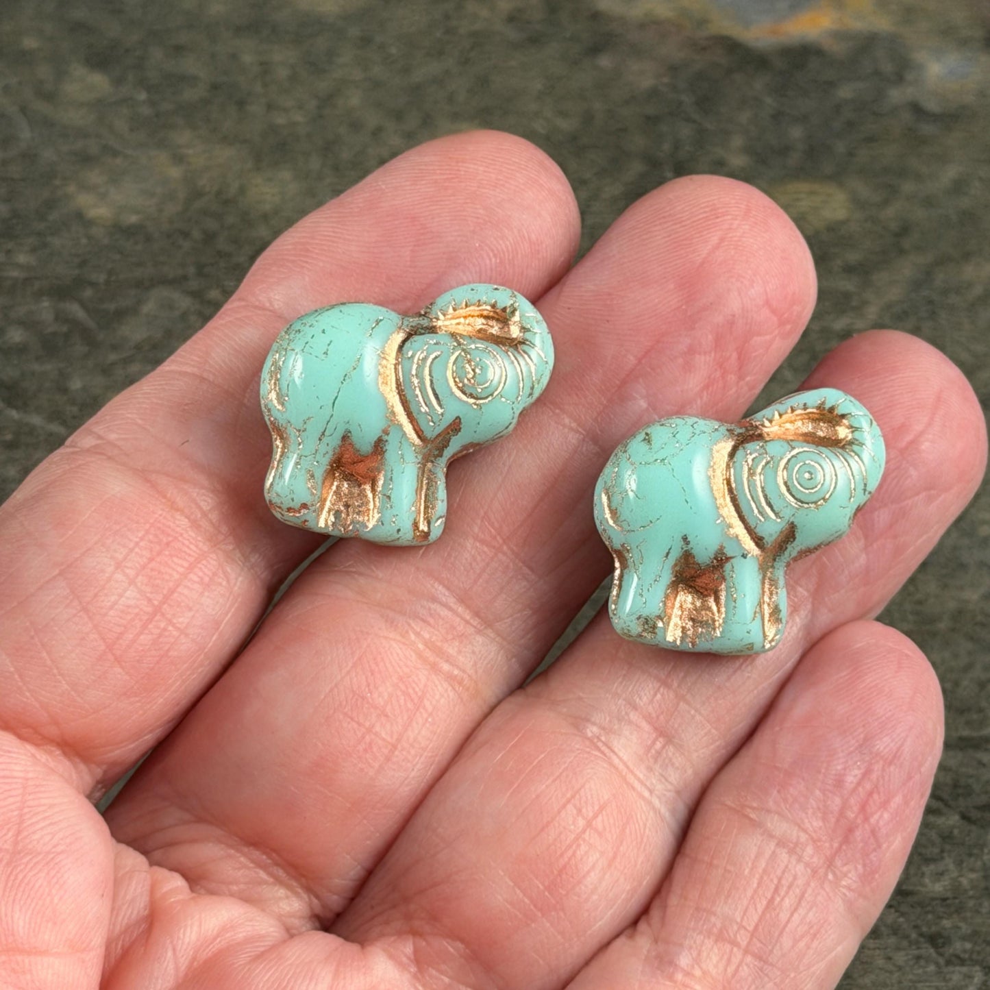 Czech Glass Beads - 20x23mm Elephant Bead, Mint Blue with Copper Wash (PackN1) * 3 Beads