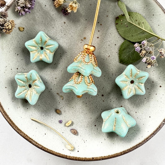 Czech Glass Beads - 5x8mm Bell Flower, Sea Foam Green with Gold Wash (FLO/N-0239) * 25 Beads