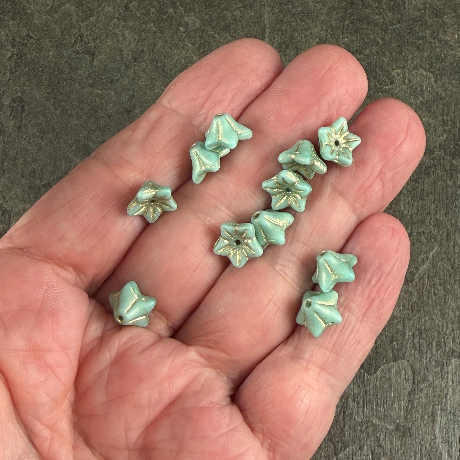 Czech Glass Beads - 5x8mm Bell Flower, Sea Foam Green with Gold Wash (FLO/N-0239) * 25 Beads