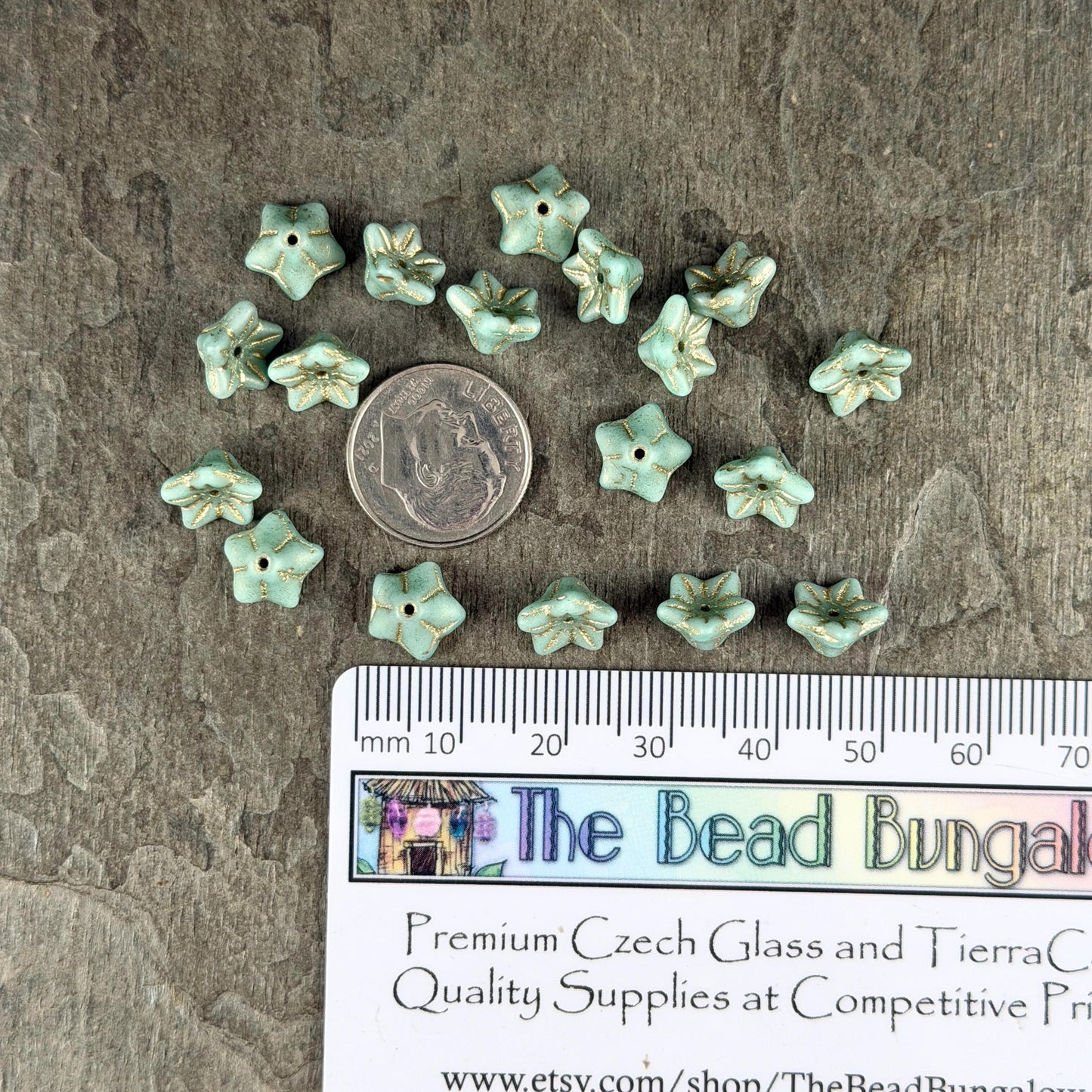 Czech Glass Beads - 5x8mm Bell Flower, Sea Foam Green with Gold Wash (FLO/N-0239) * 25 Beads