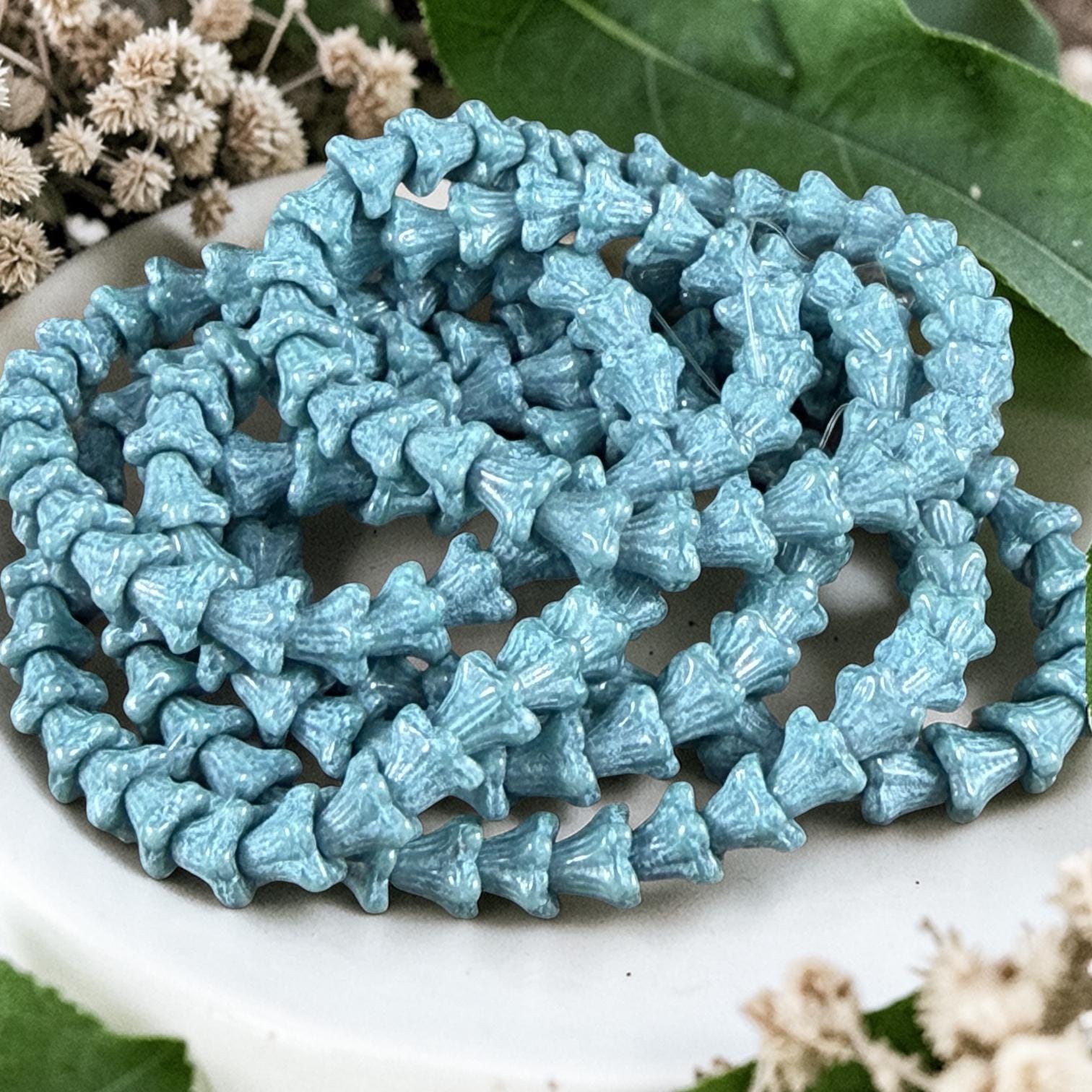 Czech Beads - 5x6mm Small Trumpet Flower, Opaque Cerulean Blue (FLO/N-0168B) * 30 Beads