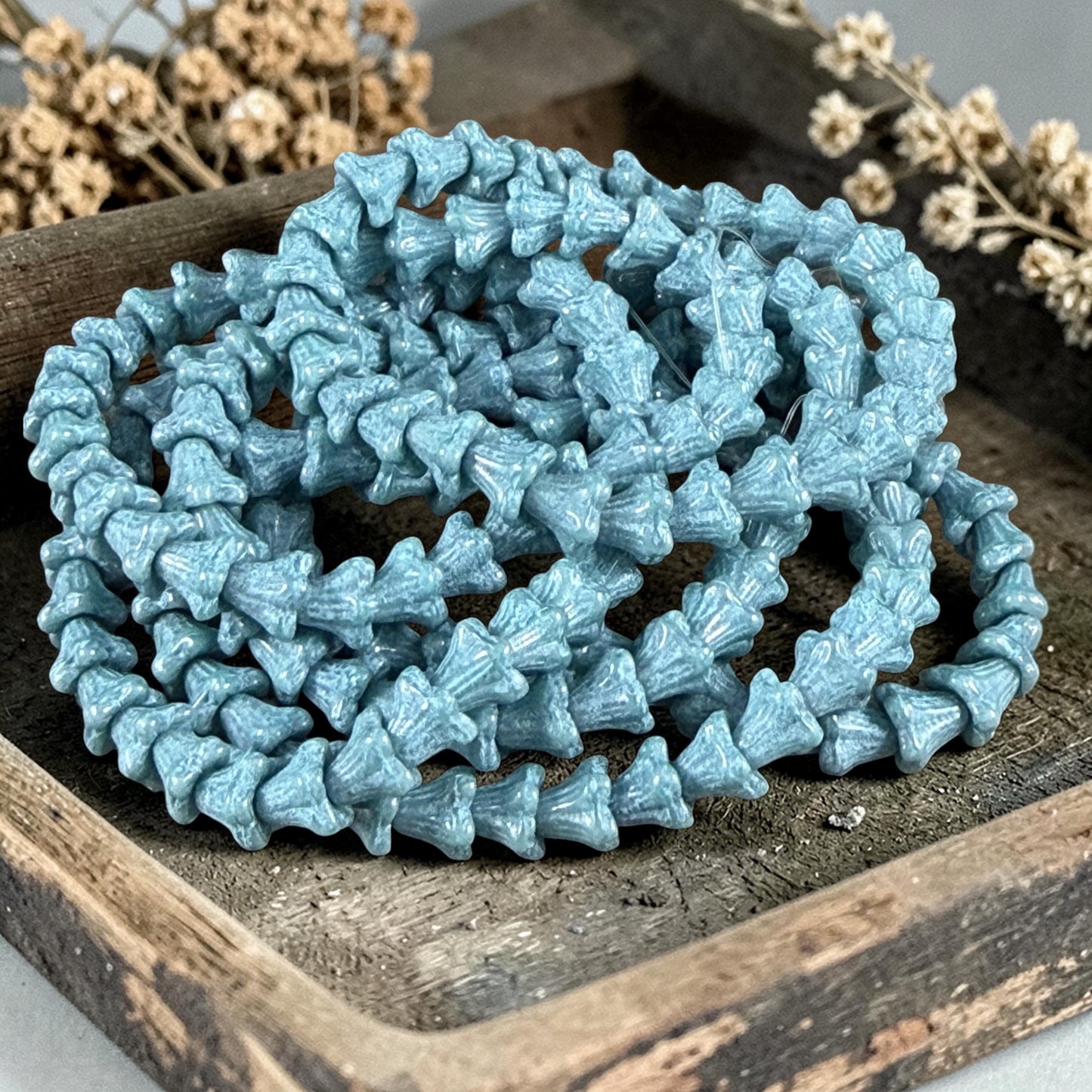 Czech Beads - 5x6mm Small Trumpet Flower, Opaque Cerulean Blue (FLO/N-0168B) * 30 Beads