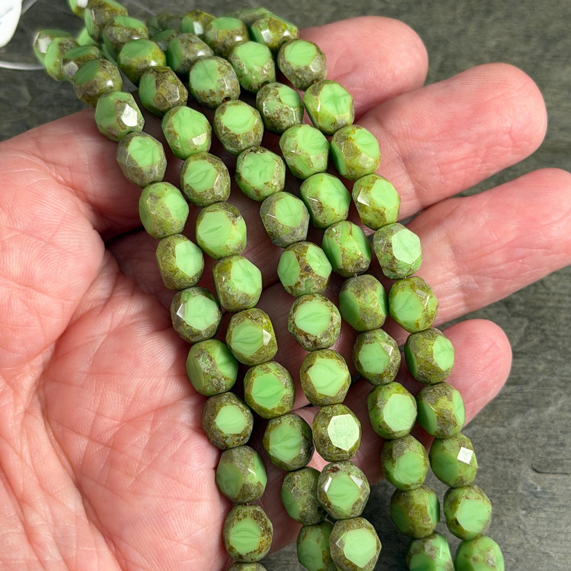 Czech Glass Beads - 8mm Faceted Round, Lime Green Picasso (TCFR-Lime) * 16 Beads