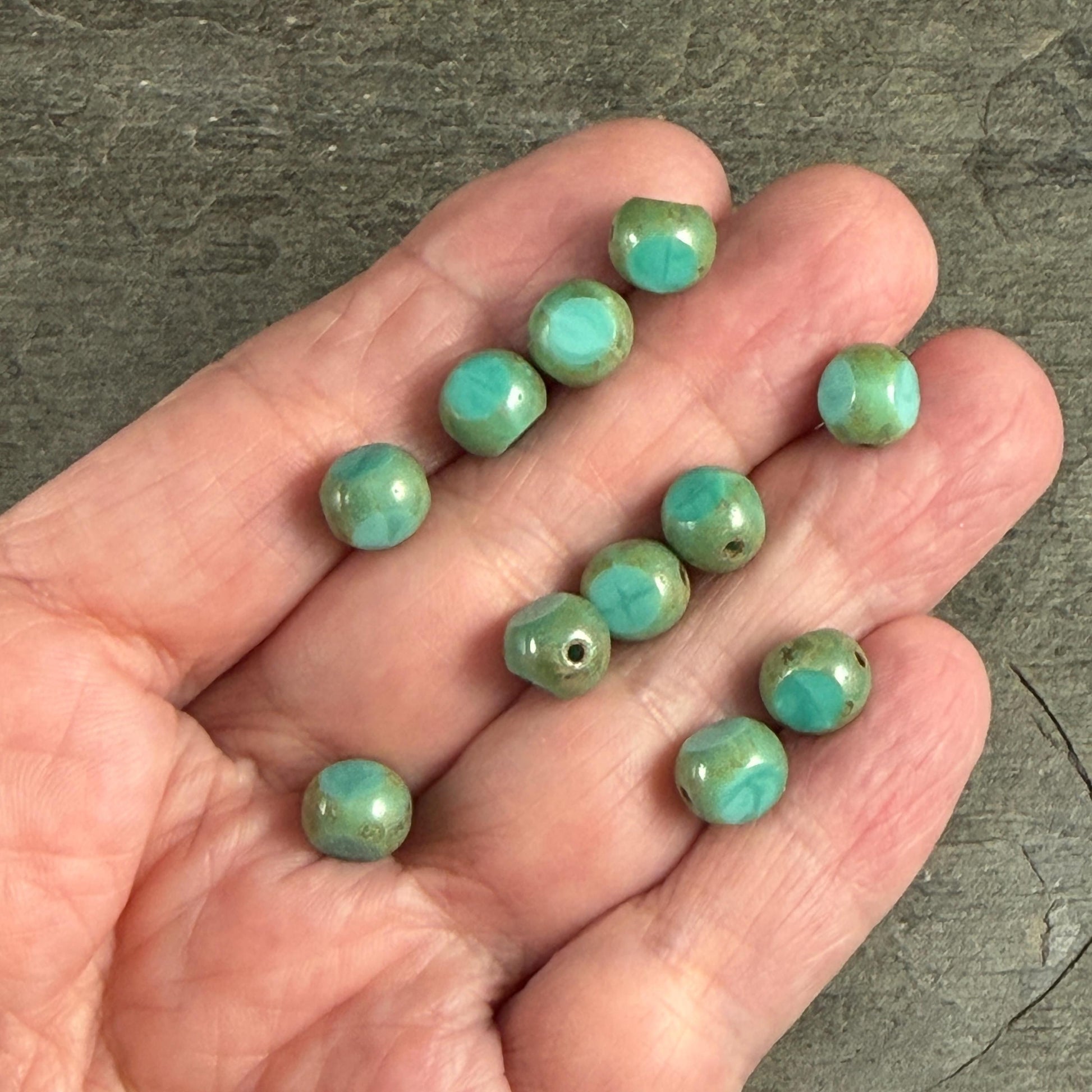 Czech Glass Beads - 8mm Tri-Cut Round, Turquoise Picasso (TCR-Turq) * 16 Beads