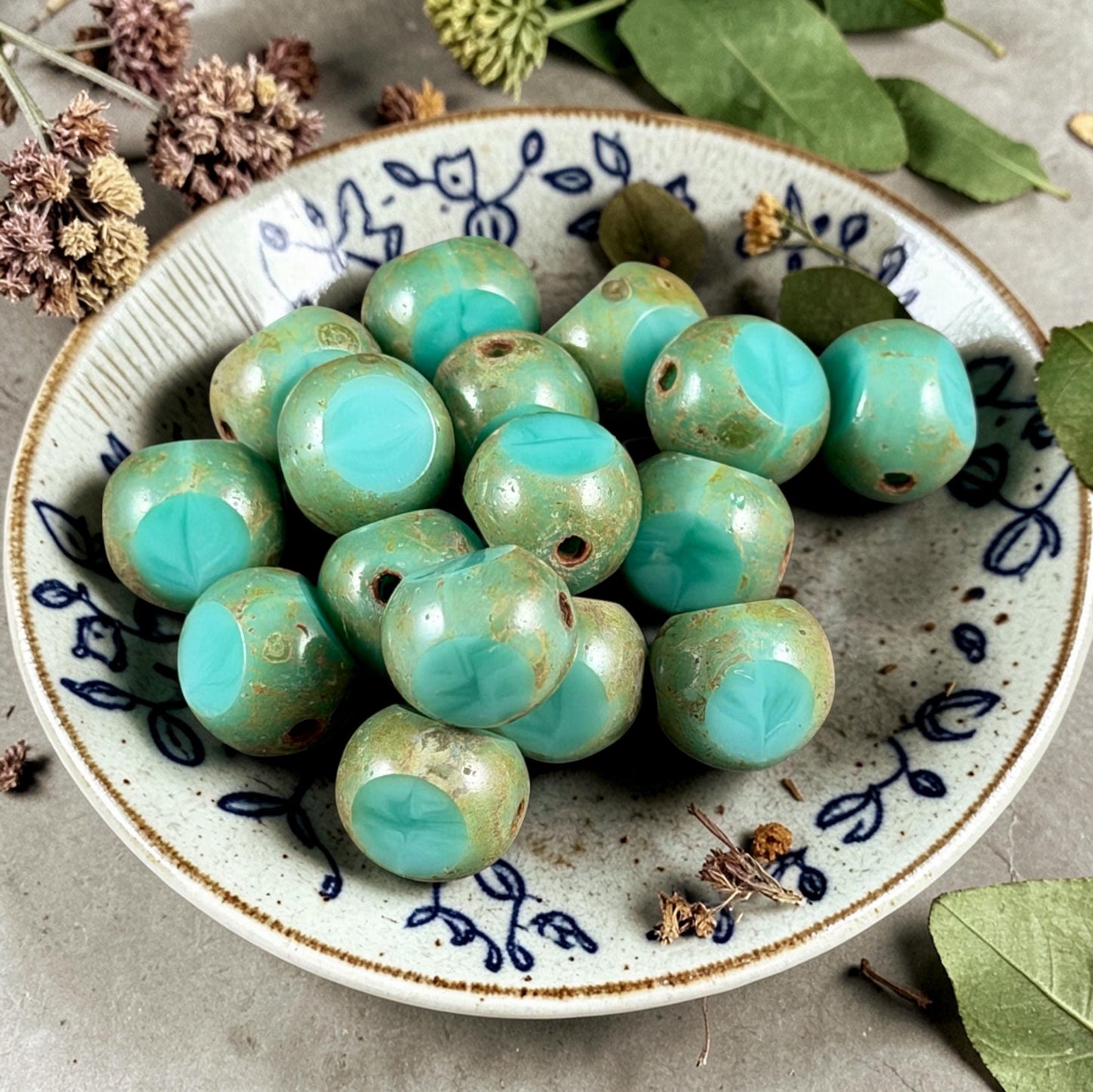 Czech Glass Beads - 8mm Tri-Cut Round, Turquoise Picasso (TCR-Turq) * 16 Beads