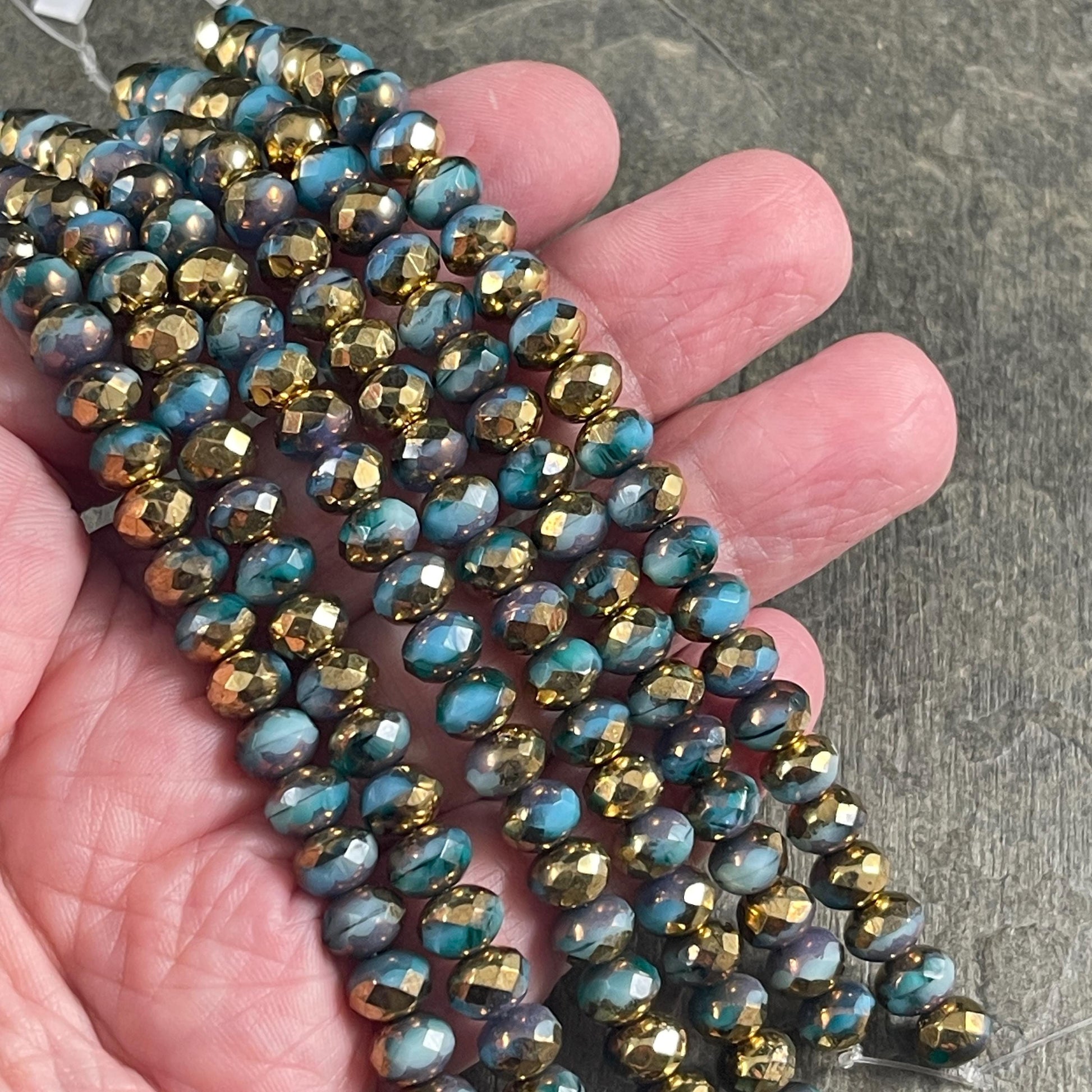 Czech Glass Beads - 7x5mm Faceted Rondelles, Blue with Metallic Gold Picasso (R7/OB-70) * Qty. 25
