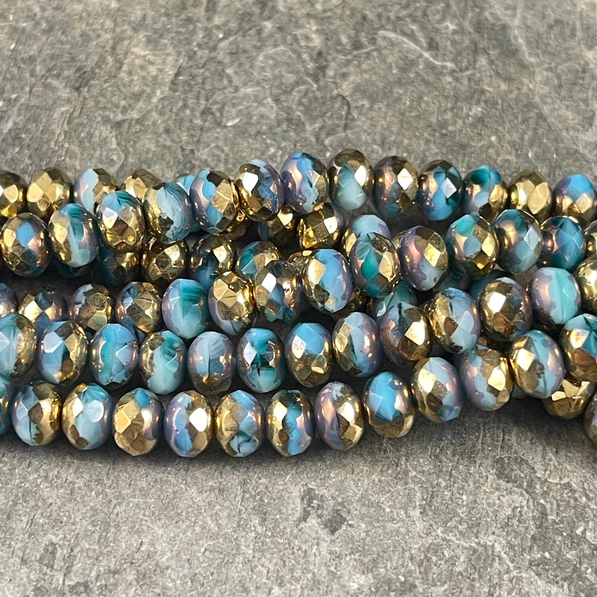 Czech Glass Beads - 7x5mm Faceted Rondelles, Blue with Metallic Gold Picasso (R7/OB-70) * Qty. 25