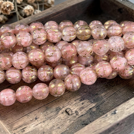 Czech Glass Beads - 8mm Round Melon, Pastel Pink and Crystal Clear with Gold Wash (ML8/44) * Qty. 16