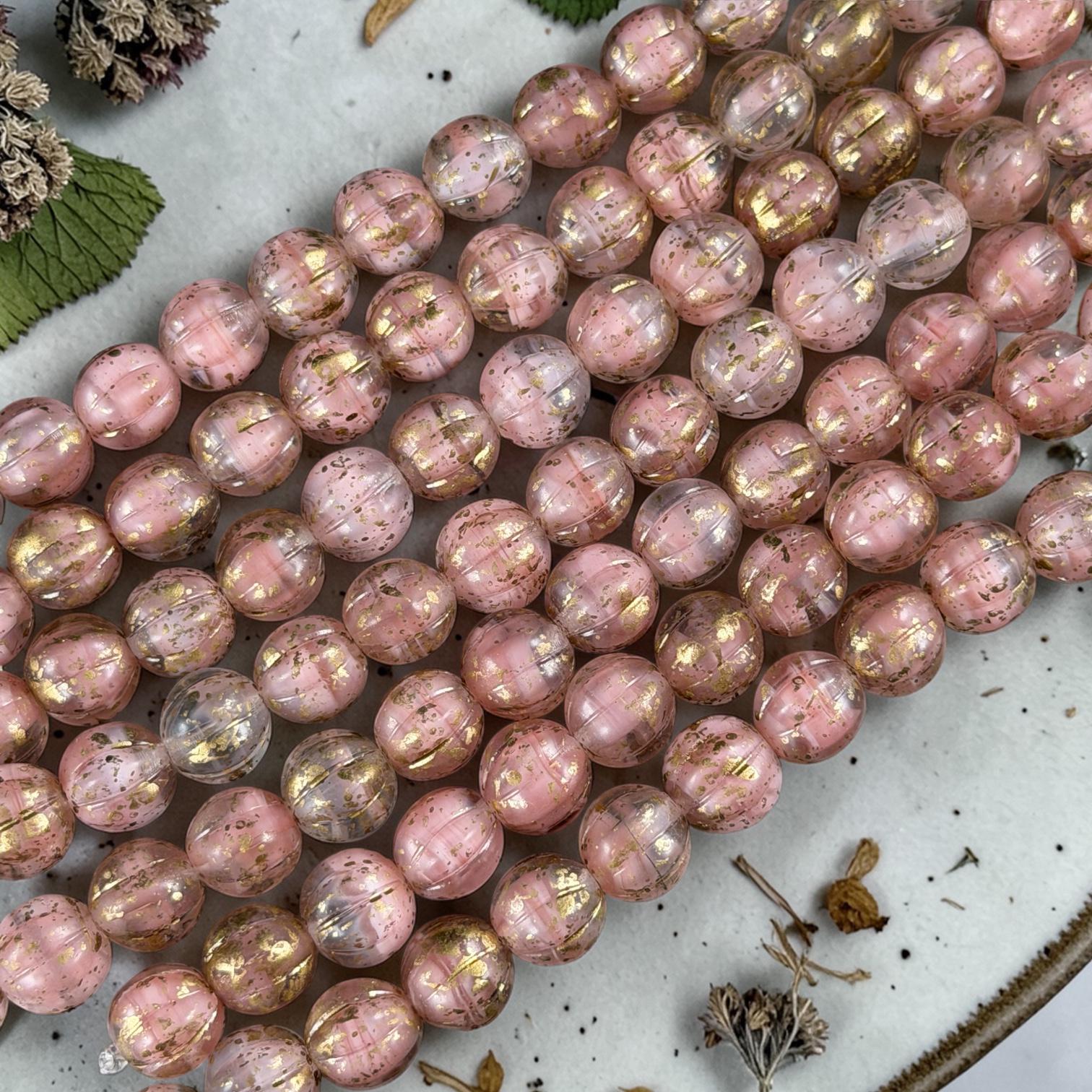 Czech Glass Beads - 8mm Round Melon, Pastel Pink and Crystal Clear with Gold Wash (ML8/44) * Qty. 16