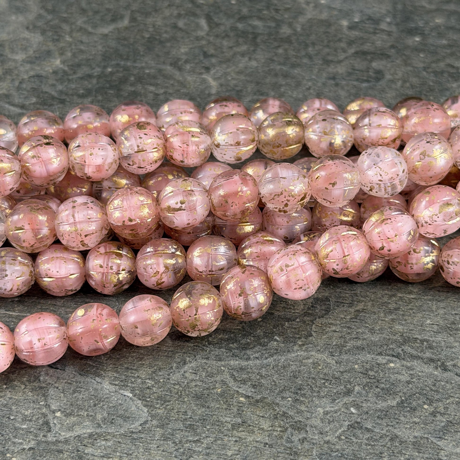 Czech Glass Beads - 8mm Round Melon, Pastel Pink and Crystal Clear with Gold Wash (ML8/44) * Qty. 16