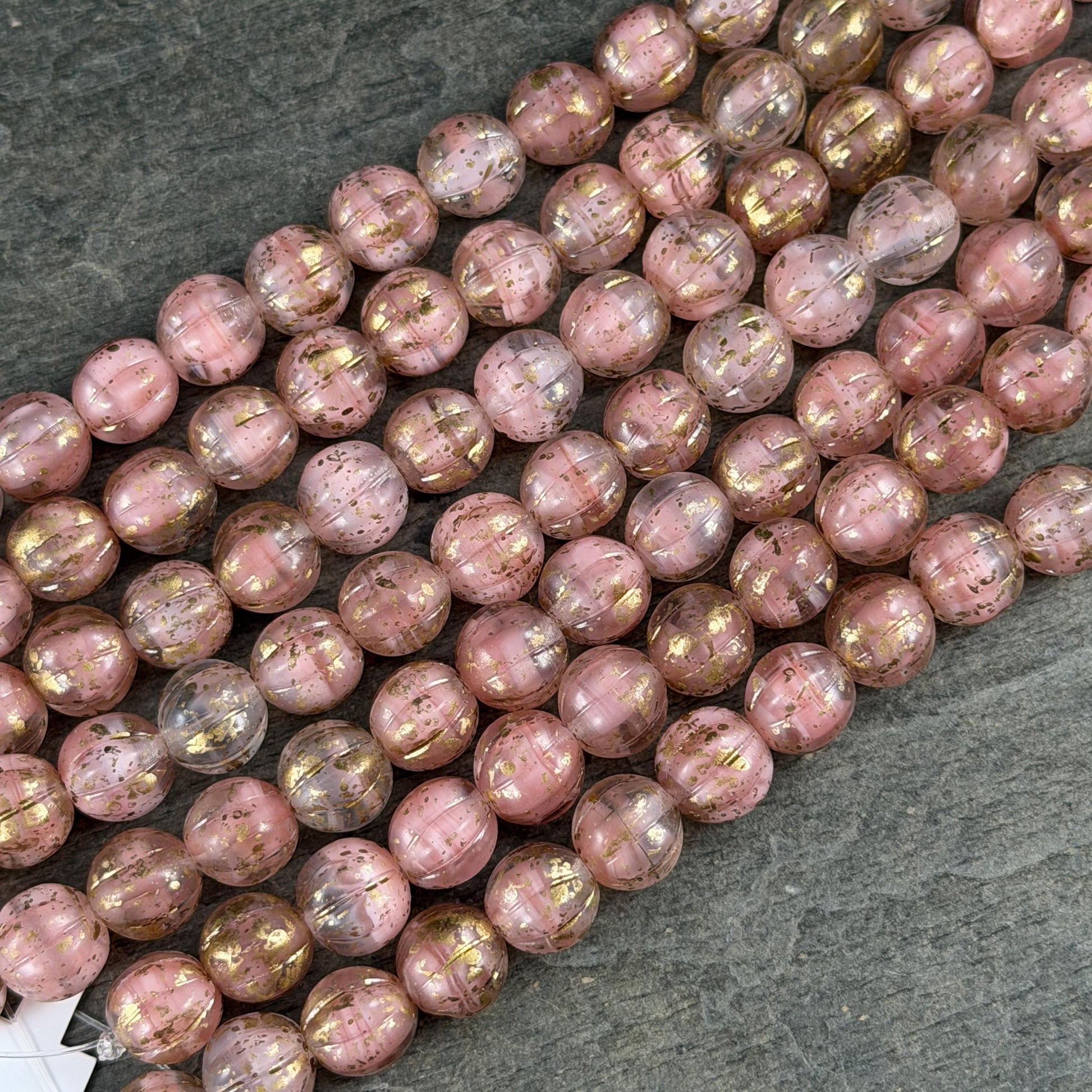 Czech Glass Beads - 8mm Round Melon, Pastel Pink and Crystal Clear with Gold Wash (ML8/44) * Qty. 16