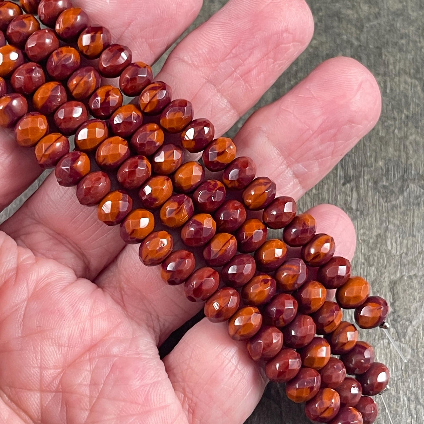 Czech Glass Beads - 7x5mm Faceted Rondelles, Brick Red and Burnt Orange (R7/OB-xRO) * Qty. 21