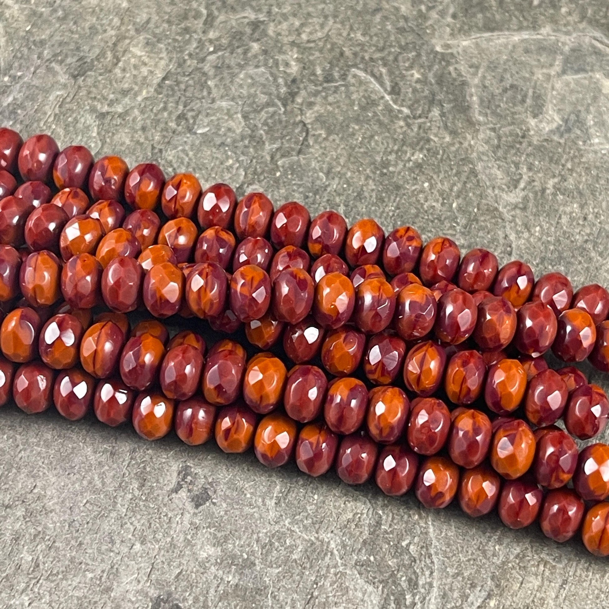 Czech Glass Beads - 7x5mm Faceted Rondelles, Brick Red and Burnt Orange (R7/OB-xRO) * Qty. 21