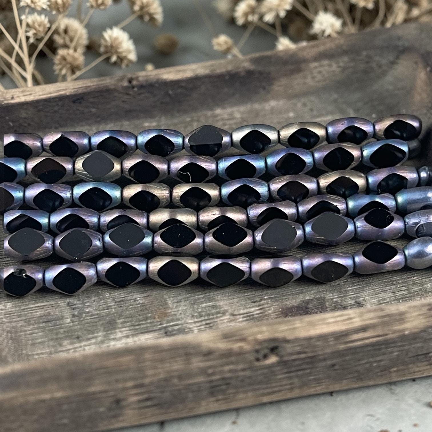 Czech Glass Beads - 8.25x5mm Diamond Cut Oval, Black Tuxedo (FOV-Black) * 25 Beads