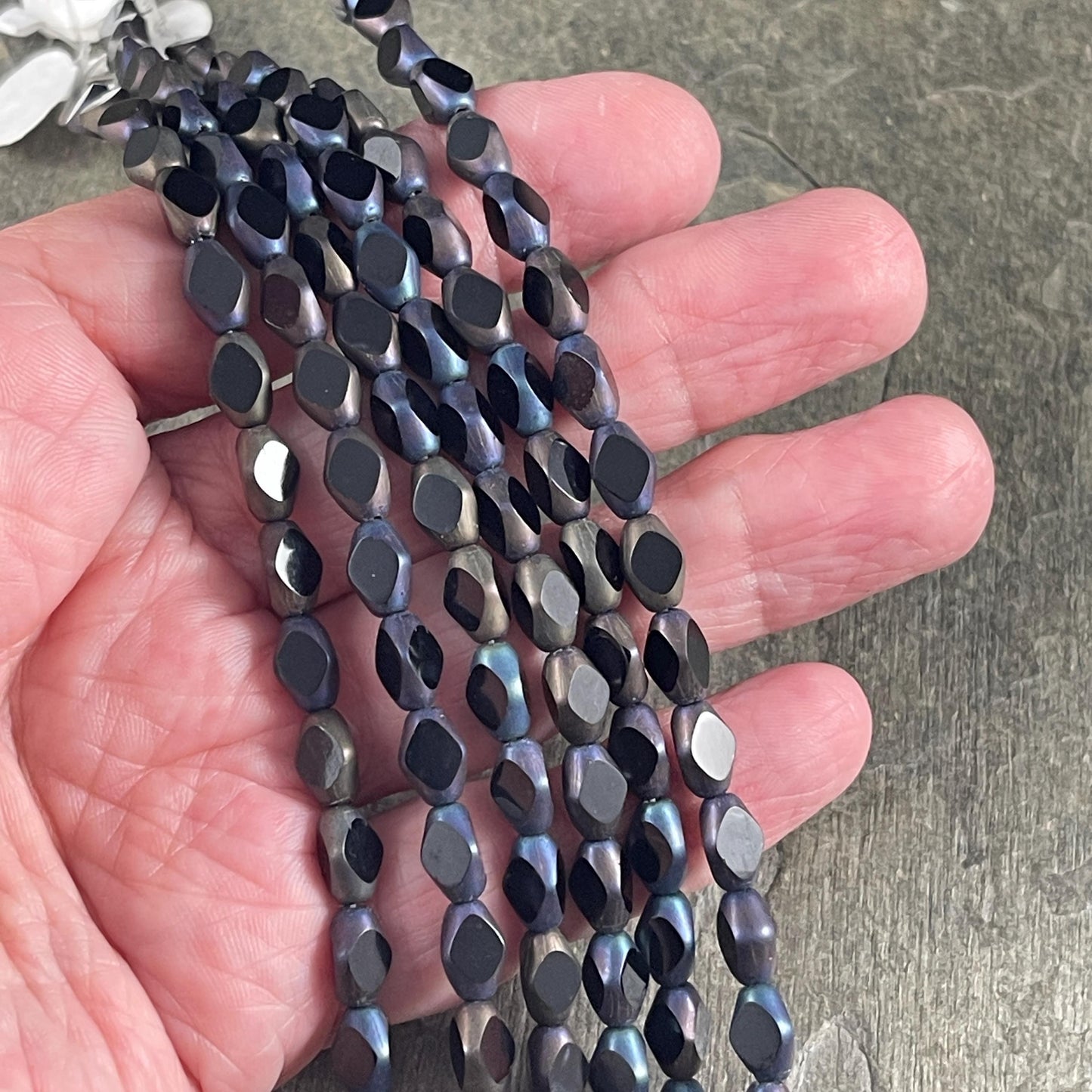 Czech Glass Beads - 8.25x5mm Diamond Cut Oval, Black Tuxedo (FOV-Black) * 25 Beads