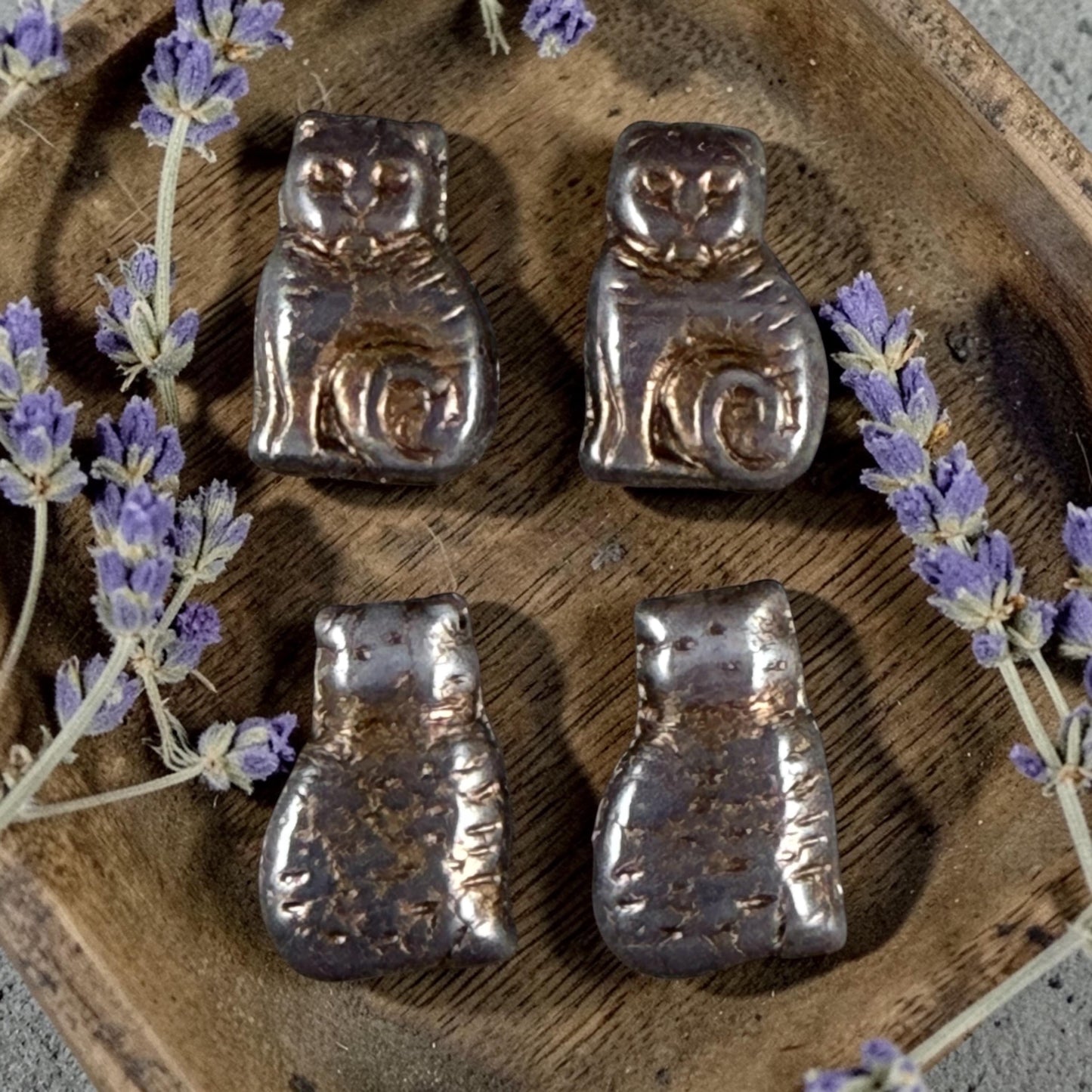 Czech Glass Beads - 17x12mm Cat, Brown and Gray with Bronze Wash (CAT-BGB1) * Qty. 6