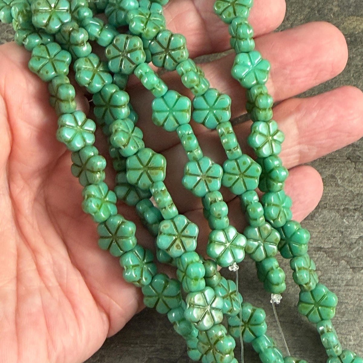 Czech Glass Beads - 10mm Flower Coin, Turquoise Green Picasso (PFMN-4) * 15 Beads