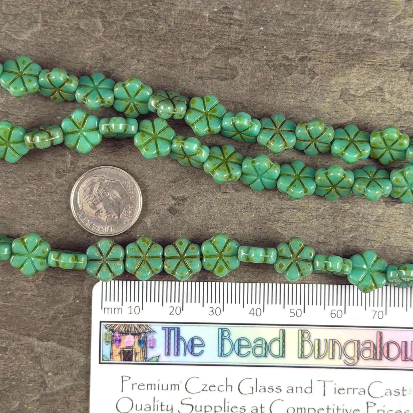 Czech Glass Beads - 10mm Flower Coin, Turquoise Green Picasso (PFMN-4) * 15 Beads