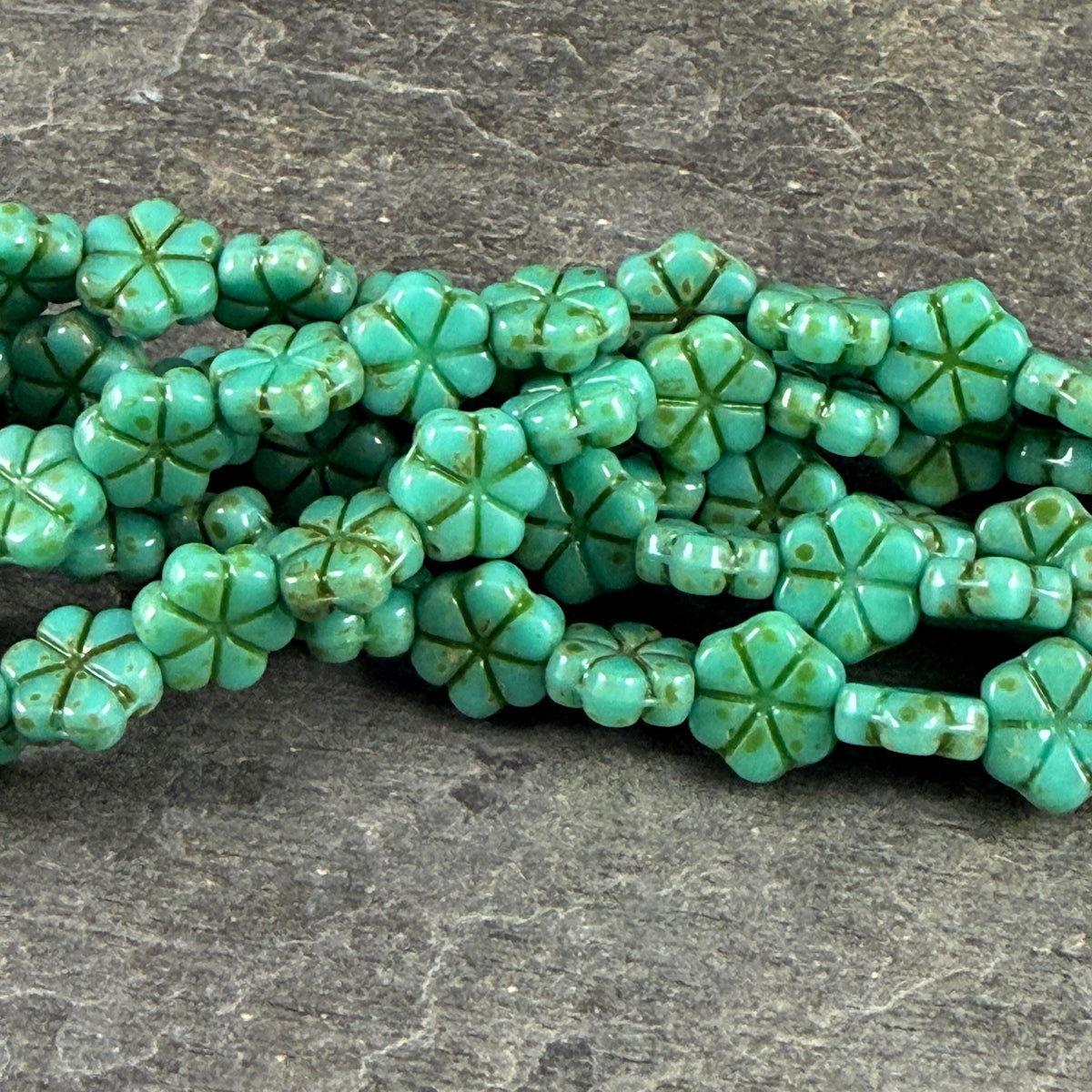 Czech Glass Beads - 10mm Flower Coin, Turquoise Green Picasso (PFMN-4) * 15 Beads